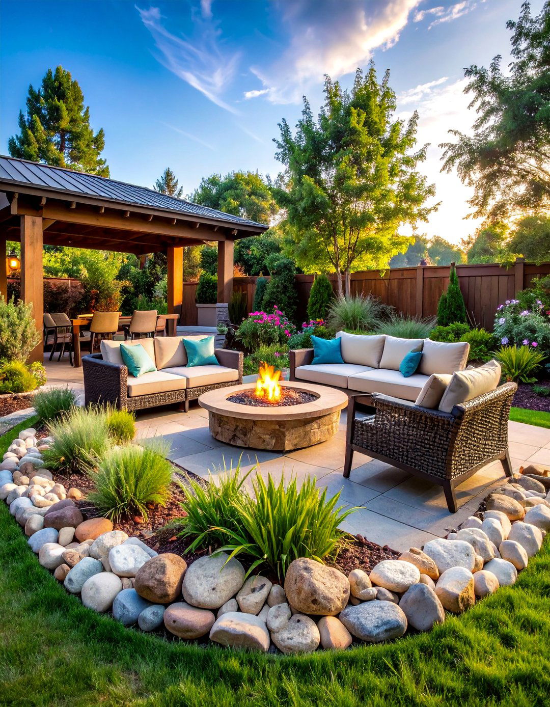 Fire Pit River Rock Safety Perimeter - 25 River Rock Edging Ideas