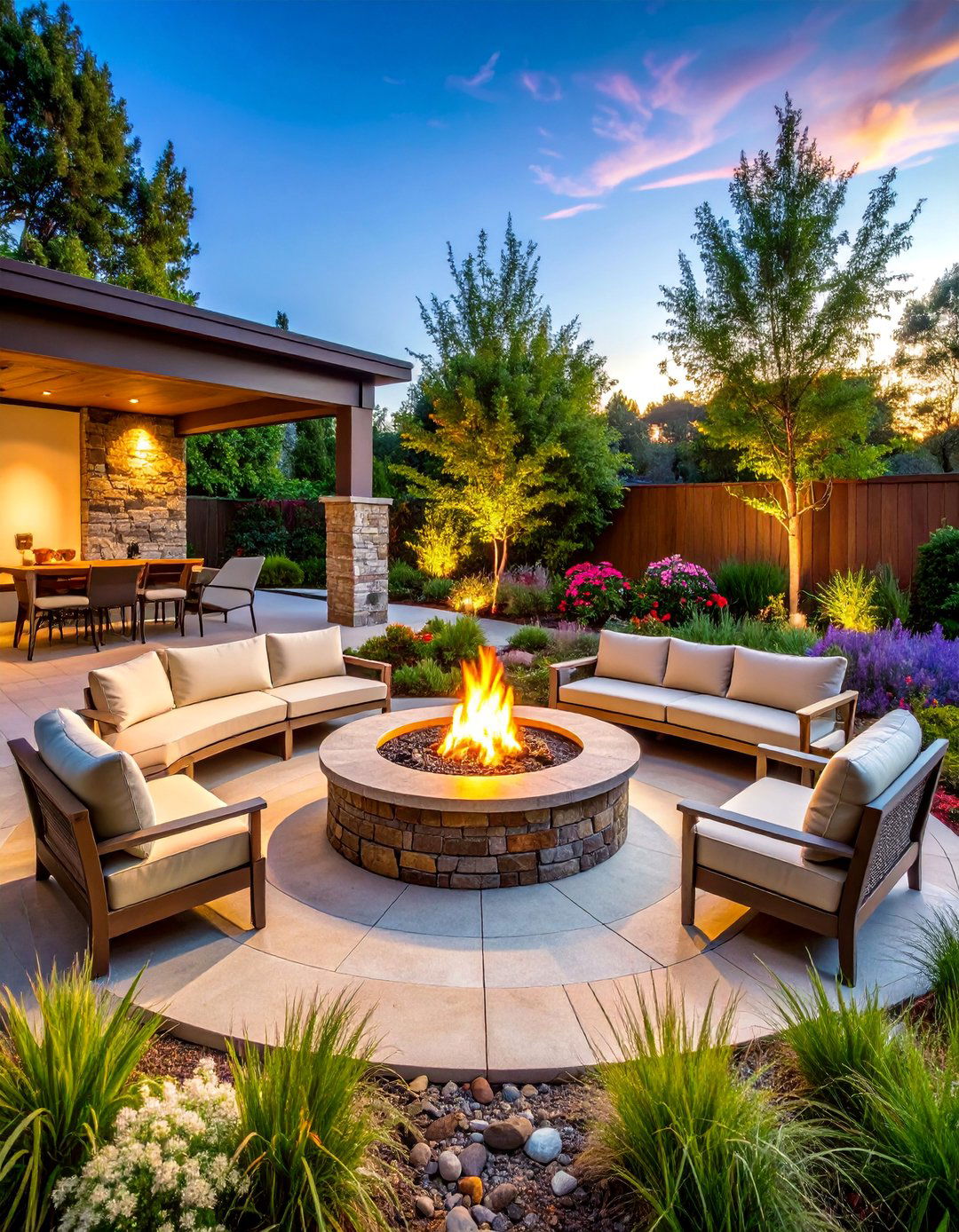 Fire Pit Seating Circle with Surrounding Landscape - 25 Garden Centerpiece Ideas