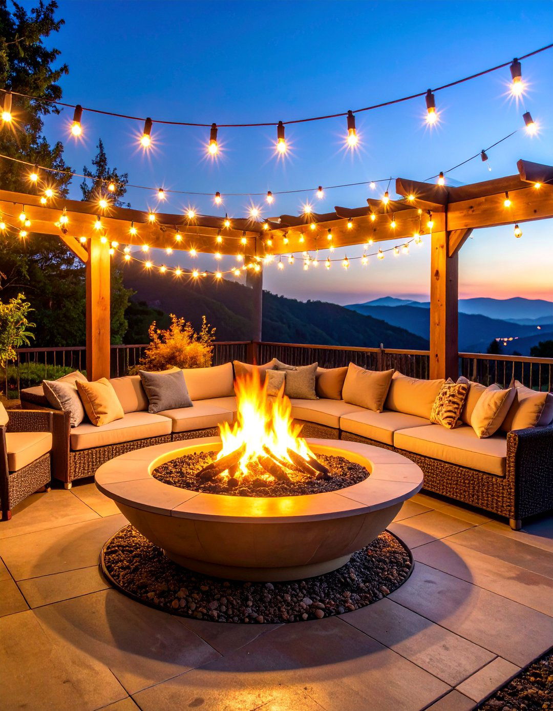 Fire Pit with Overhead String Light Canopy - 25 Wood Burning Fire Pit Ideas