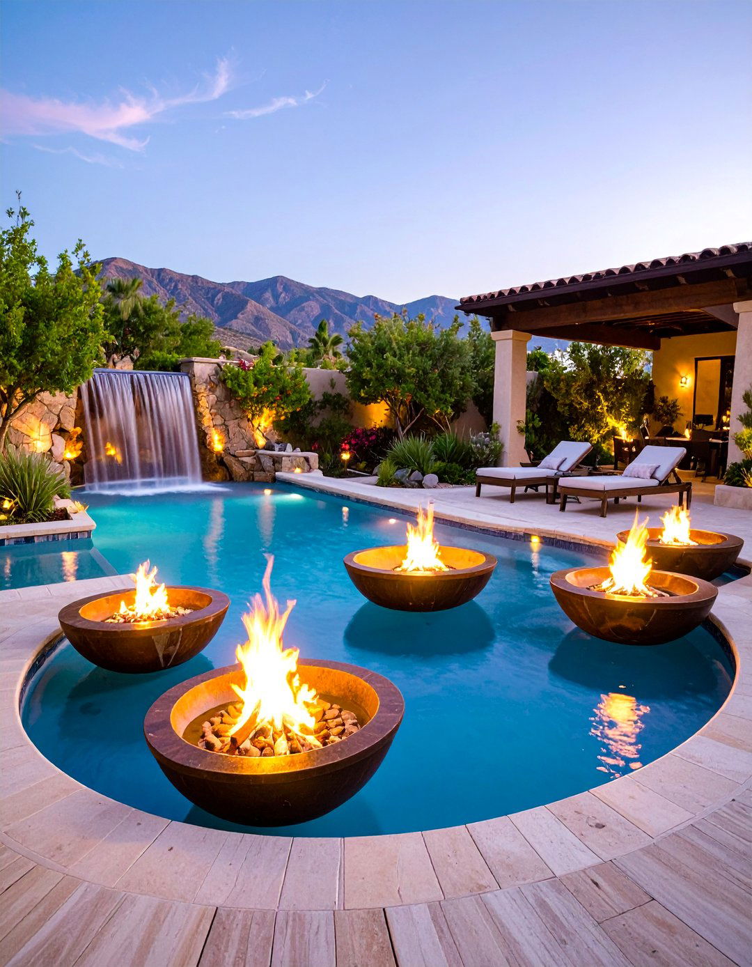 Fire and Water Combination Waterfall with Dramatic Lighting - 25 Small Pool Waterfall Ideas