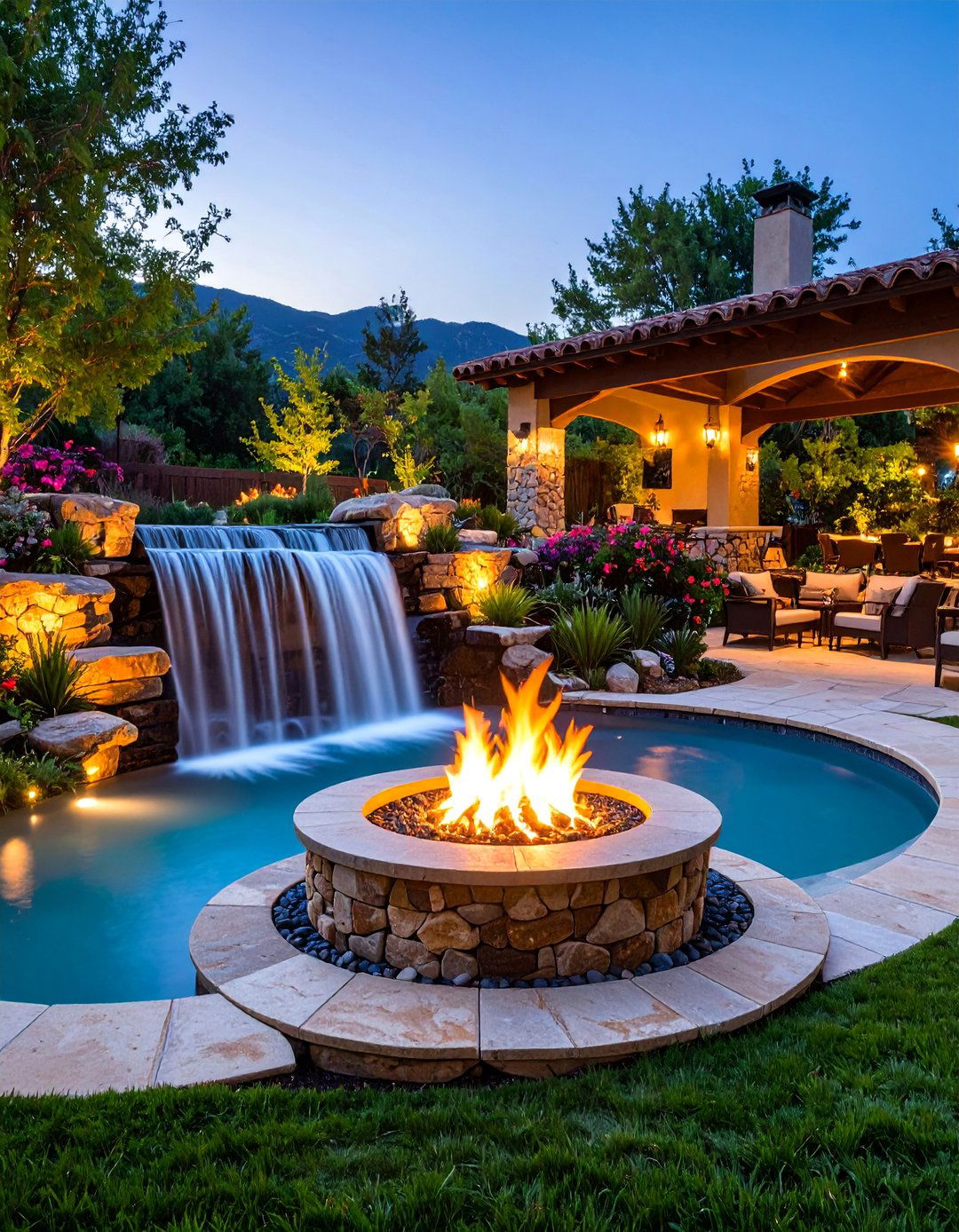 Fire and Water Combination Waterfall - 25 Pondless Waterfall Design Ideas