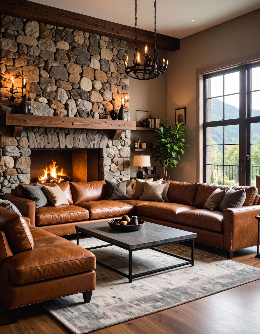 Fireplace Centered Living Room with Stone Accents - 25 Mens Living Room Ideas