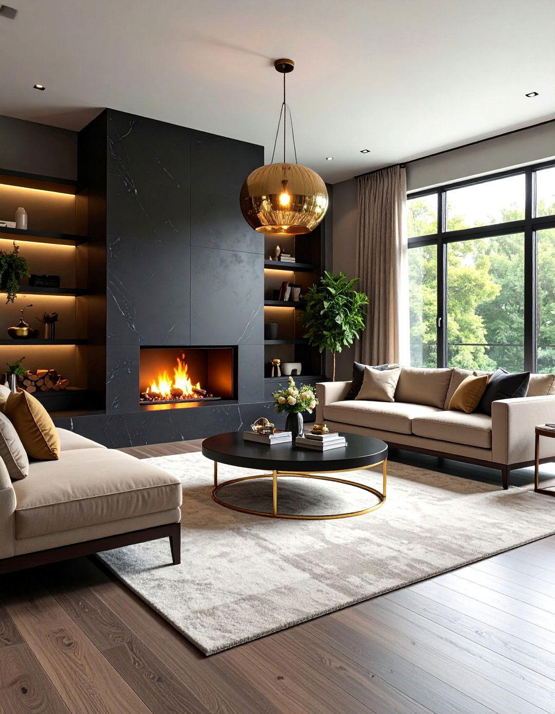 Fireplace Focal Black Beige Living Room - 25 Black and Beige Living Room Ideas