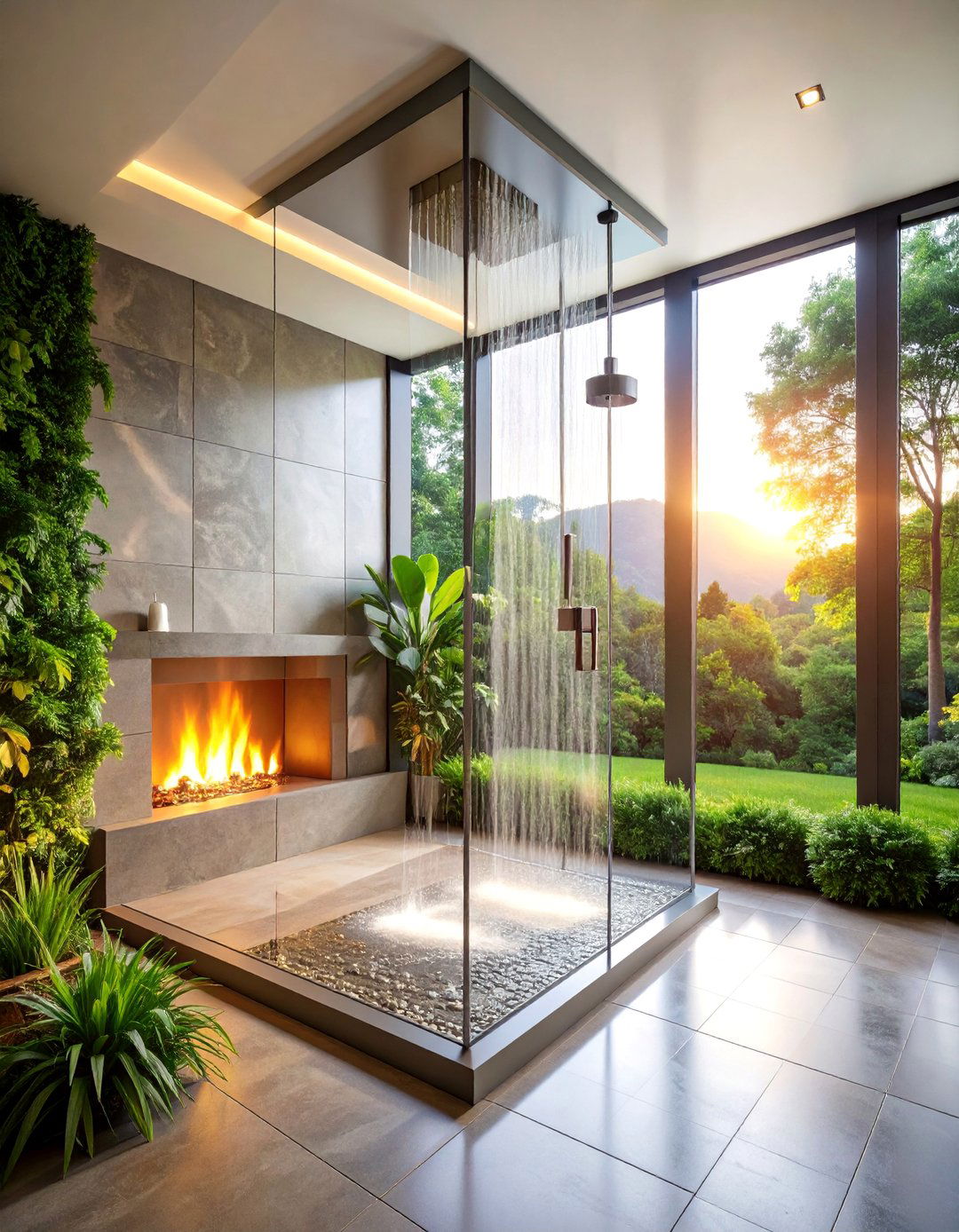 Fireplace View Shower with Glass Walls - 25 Luxury Shower Ideas