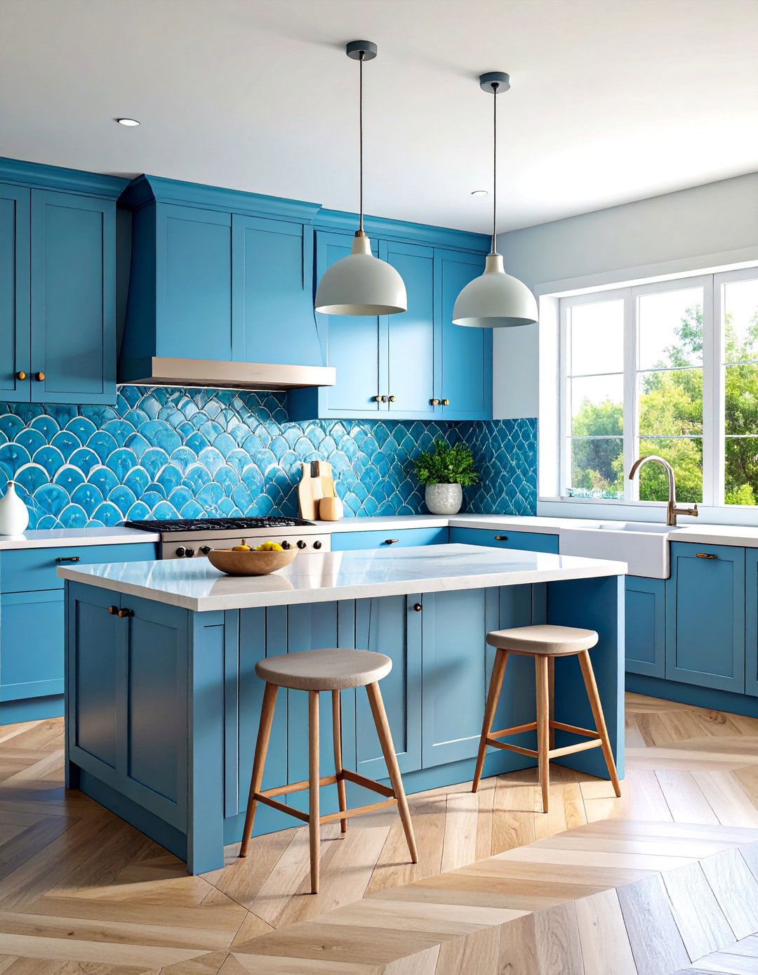 Fish Scale Mosaic Pattern in Ocean Blue Gradients - 25 Modern Kitchen Backsplash Ideas