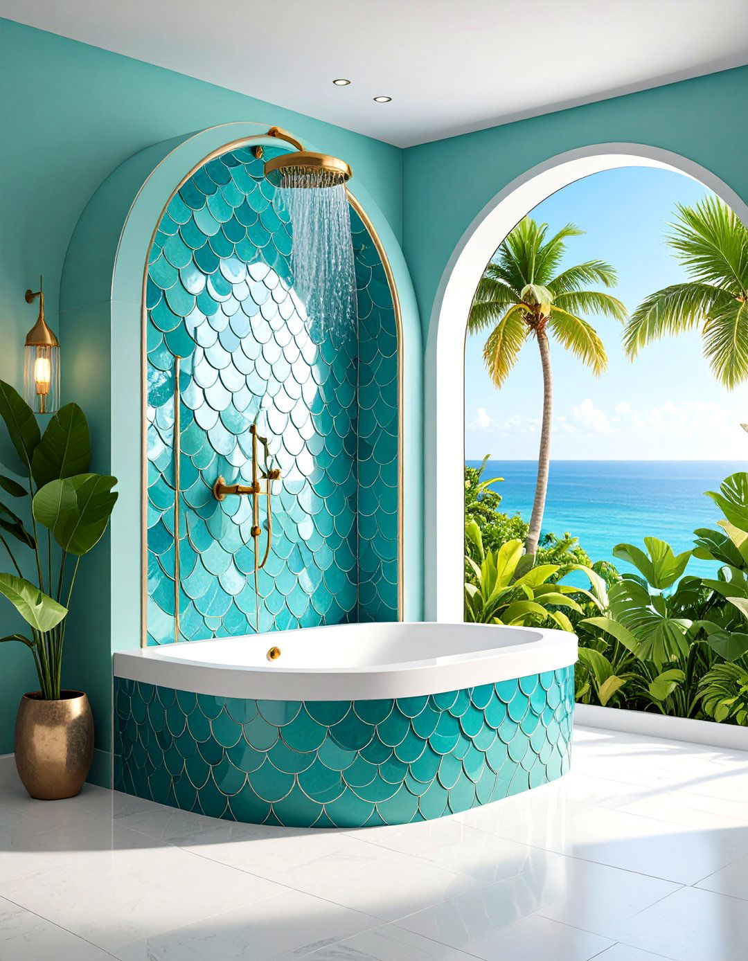 Fish Scale Tile Shower Niche with Ocean Inspired Design - 25 Shower Niche Ideas