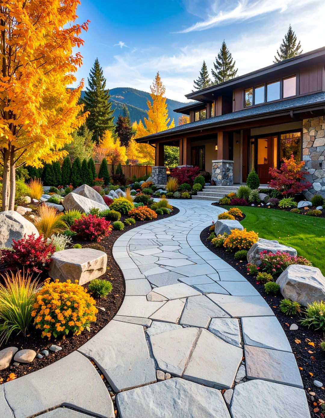 Flagstone Driveway with Alpine Rock Gardens - 25 Driveway Landscape Ideas