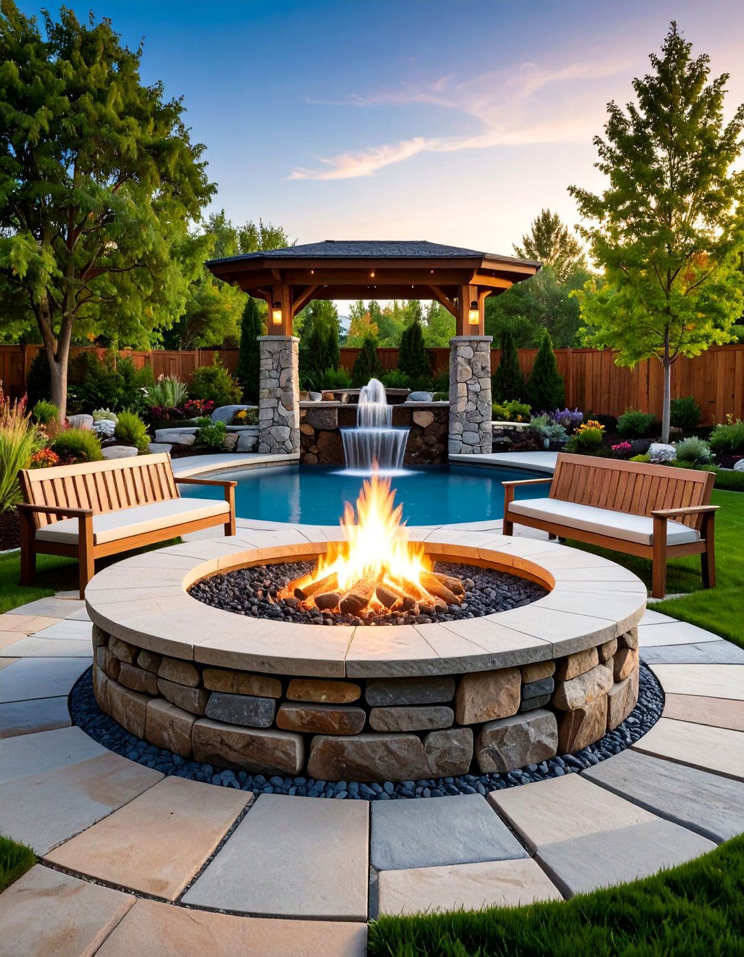 Flagstone Fire Pit with Integrated Water Feature - 25 Rustic Fire Pit Ideas