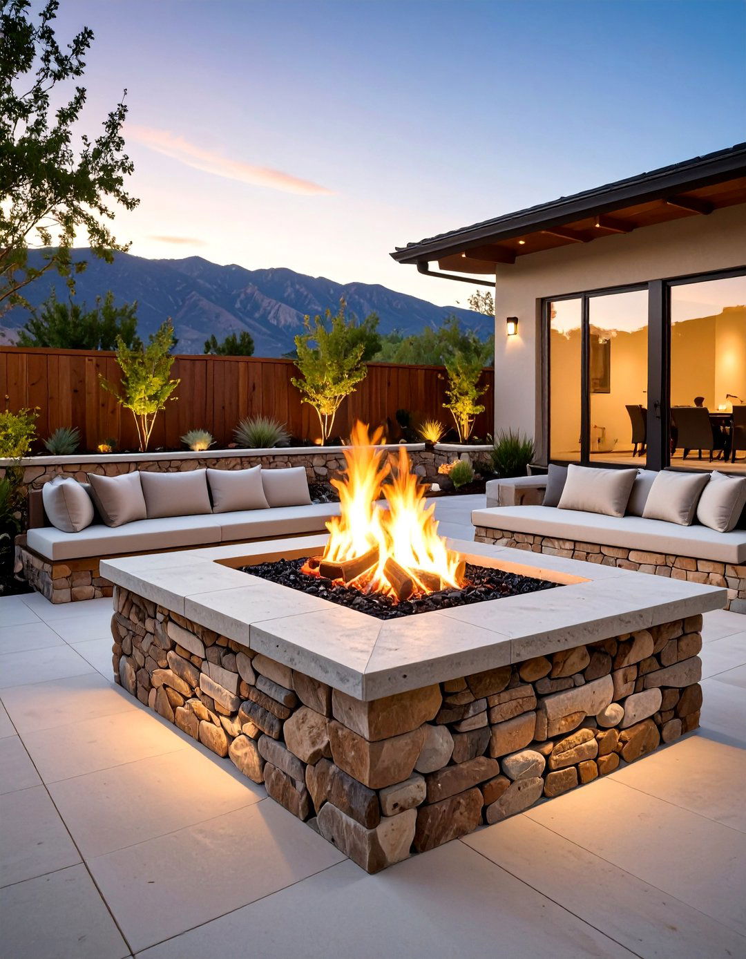 Flagstone Fire Pit with Retaining Wall Seating - 25 Flagstone Fire Pit Ideas