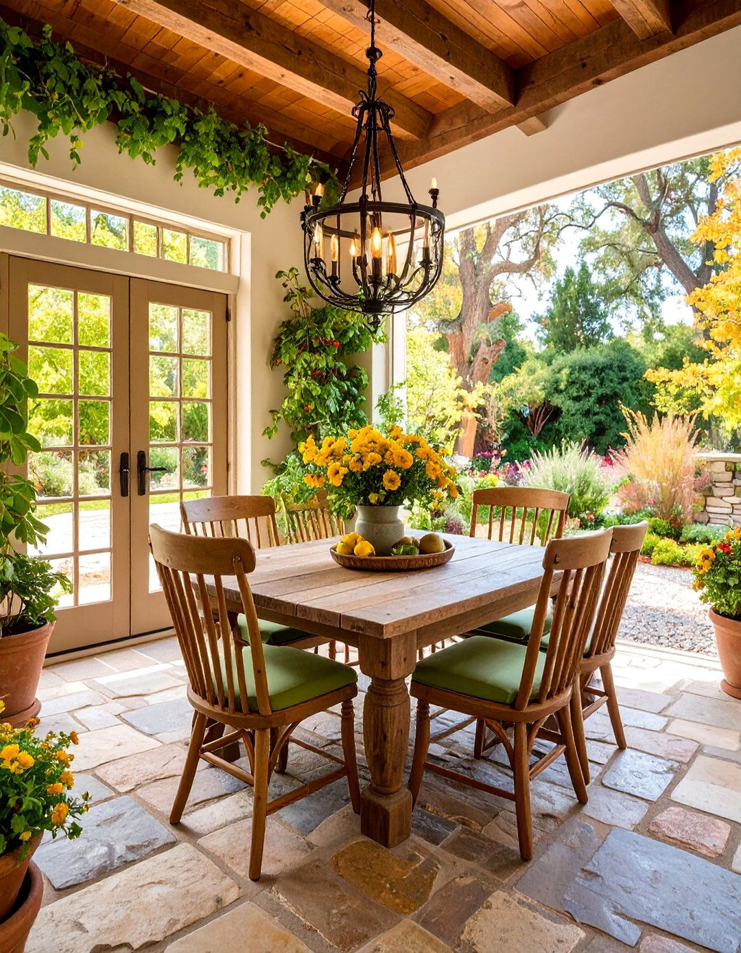 Flagstone Floor Sunroom with Rustic Dining Setup - 25 Rustic Sunroom Ideas