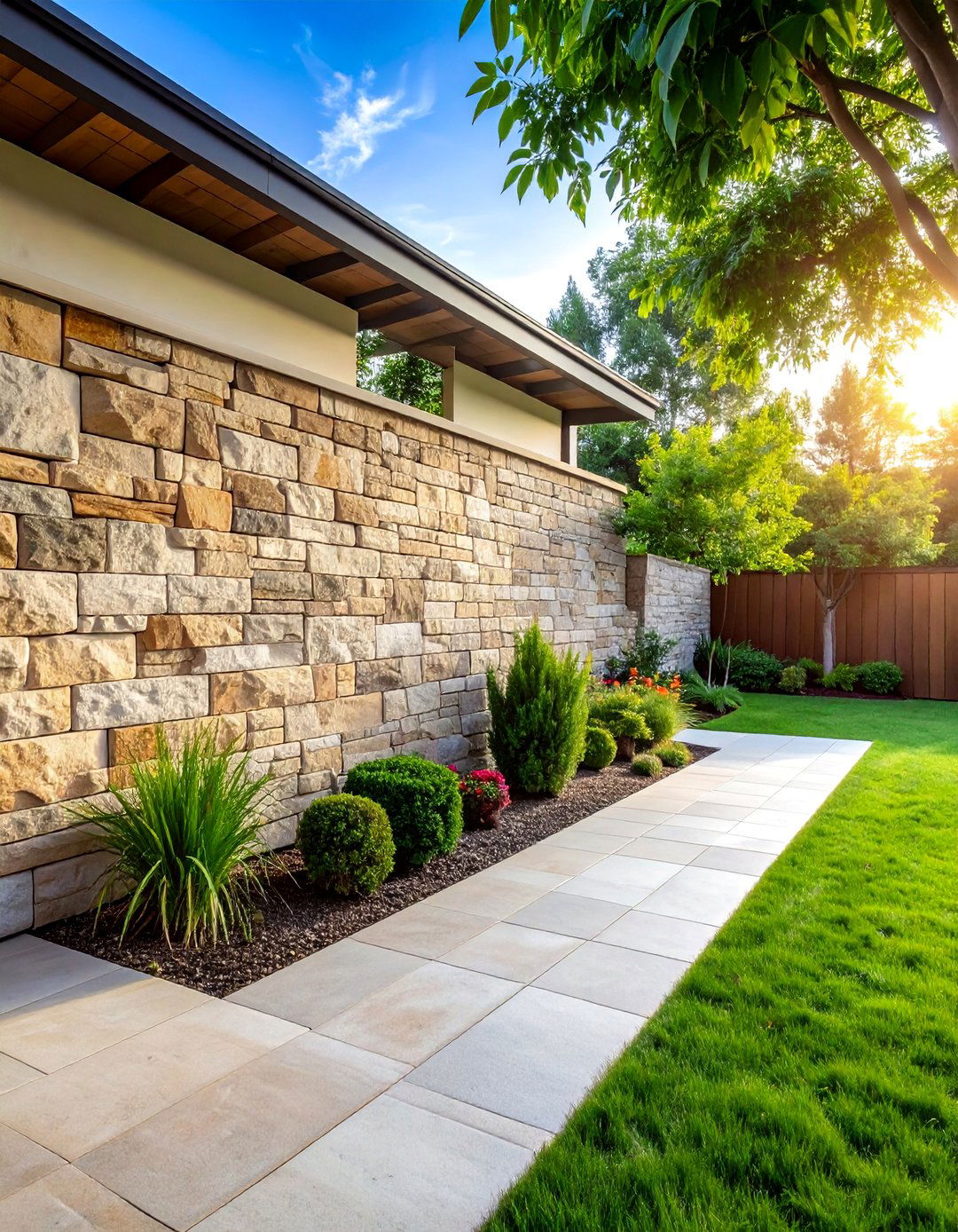 Flagstone Patio Continuation Wall - 25 Stone Wall Ideas