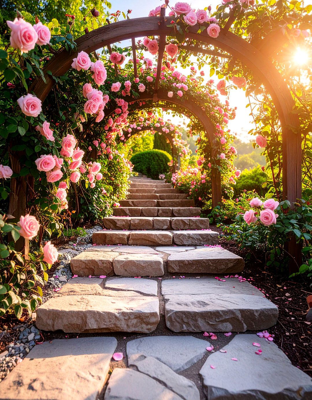Flagstone Steps with Climbing Rose Arbors - 25 Flagstone Steps
