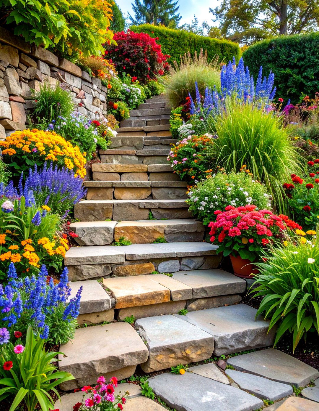 Flagstone Steps with Integrated Planting Pockets - 25 Sloped Walkway Ideas