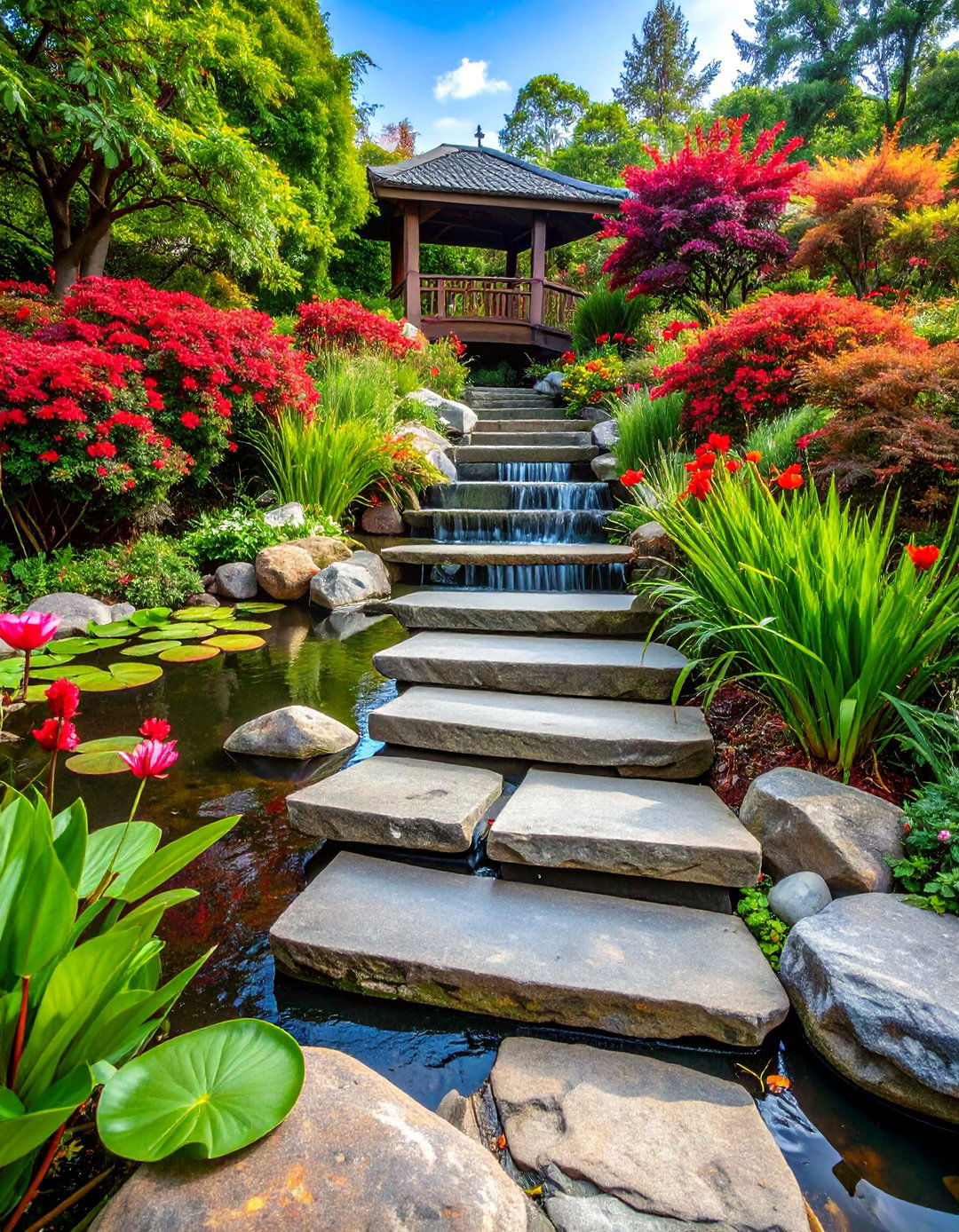 Flagstone Steps with Water Feature Integration - 25 Flagstone Steps
