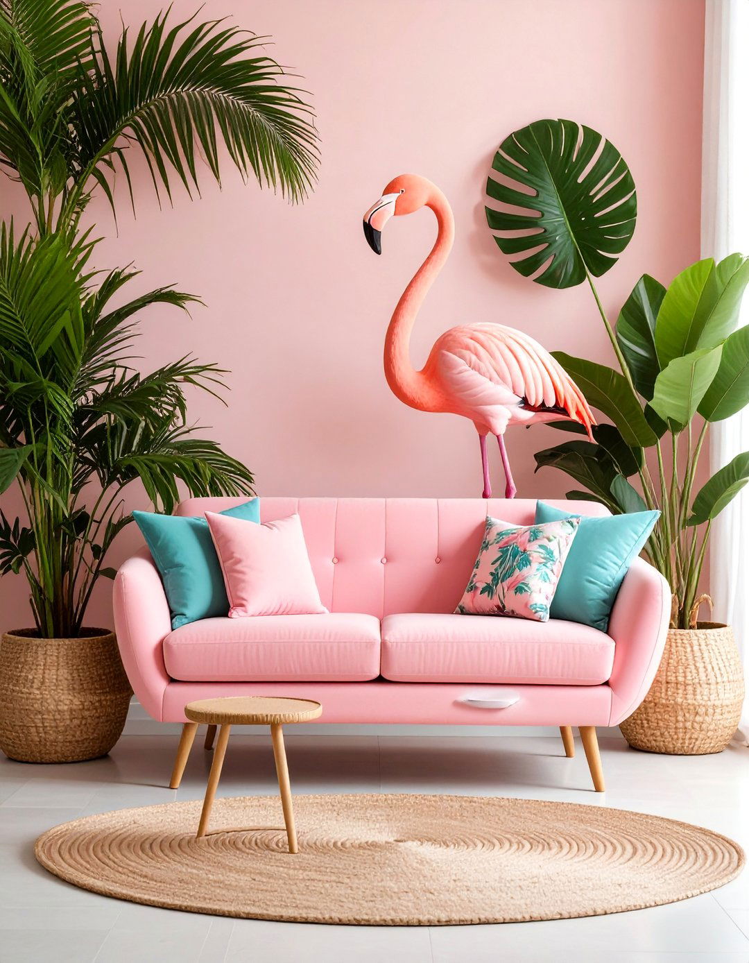 Flamingo Pink Sofa with Tropical Paradise - 25 Pink Couch Living Room Ideas