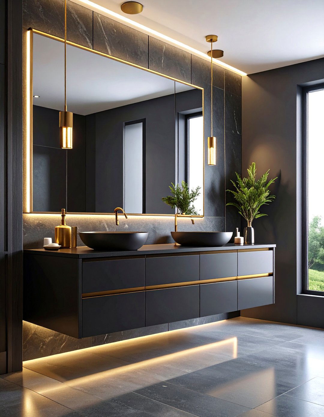 Floating Black Vanity Powder Room with Gold Hardware - 25 black and gold powder room ideas