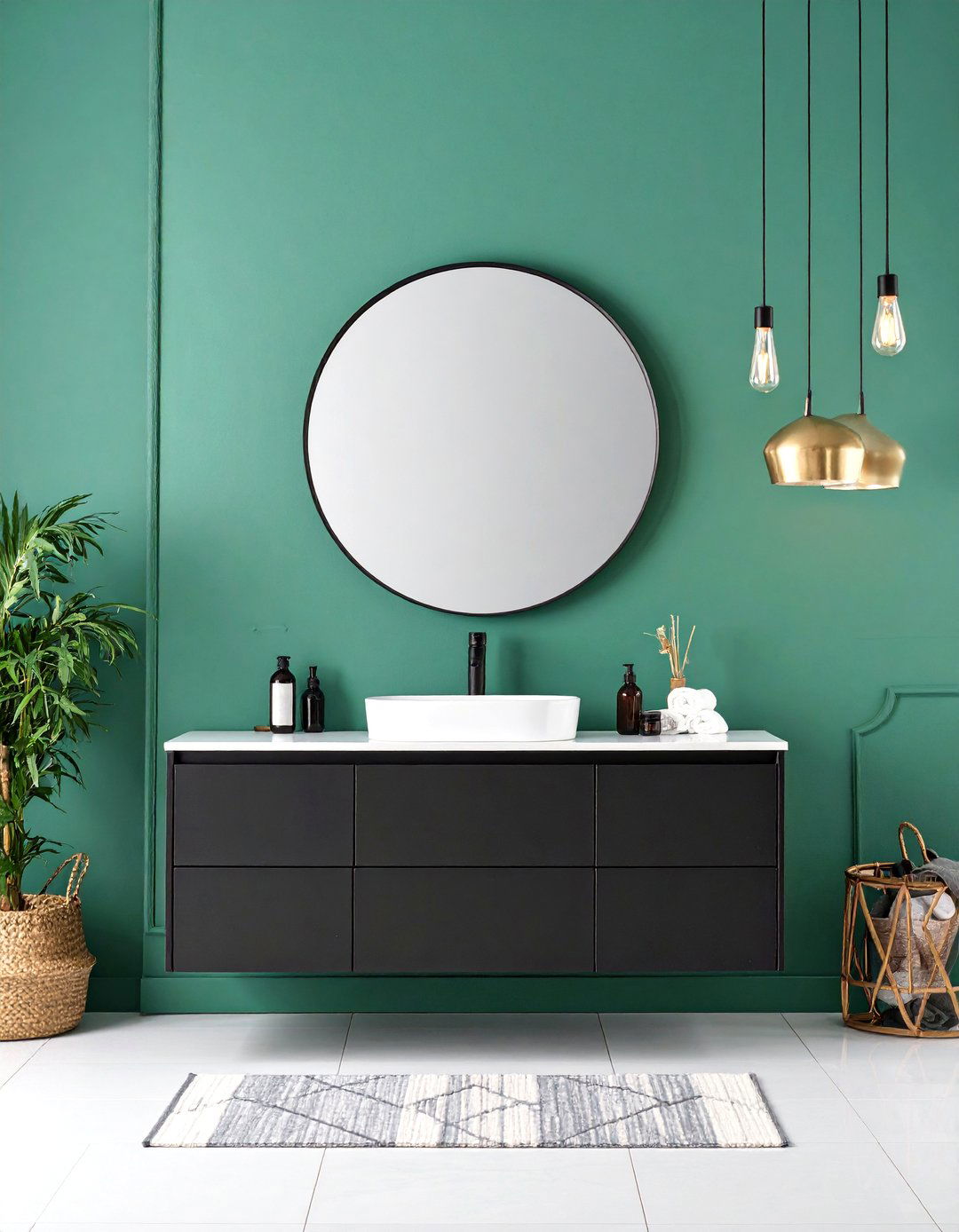 Floating Black Vanity with Green Accent Wall - 25 black, white and green bathroom ideas