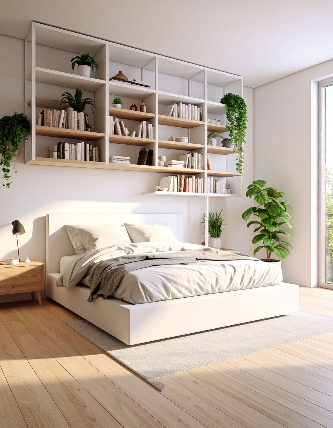 Floating Corner Shelf Arrangement - 25 No Headboard Ideas