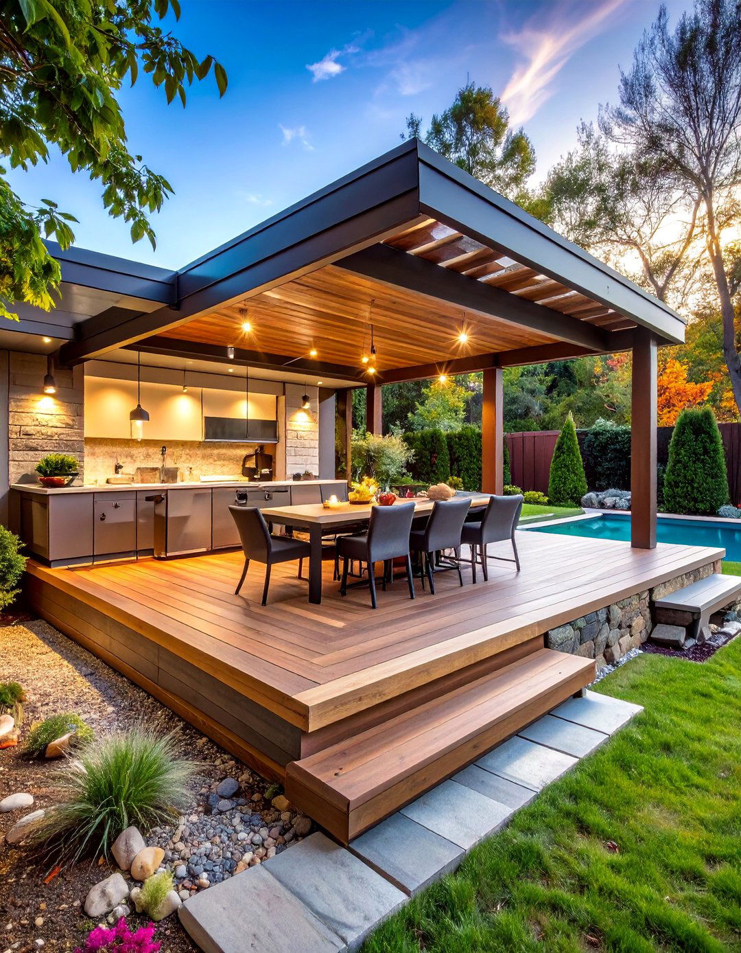 Floating Deck with Pergola and Outdoor Kitchen - 25 Backyard Deck Ideas