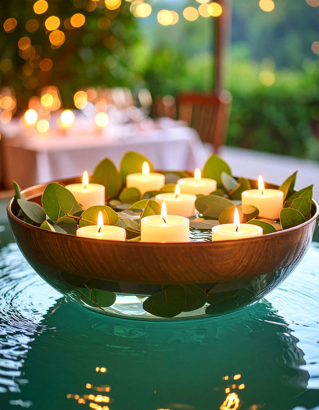 Floating Eucalyptus Candle Bowl Centerpiece - 25 Eucalyptus Wedding Centerpieces