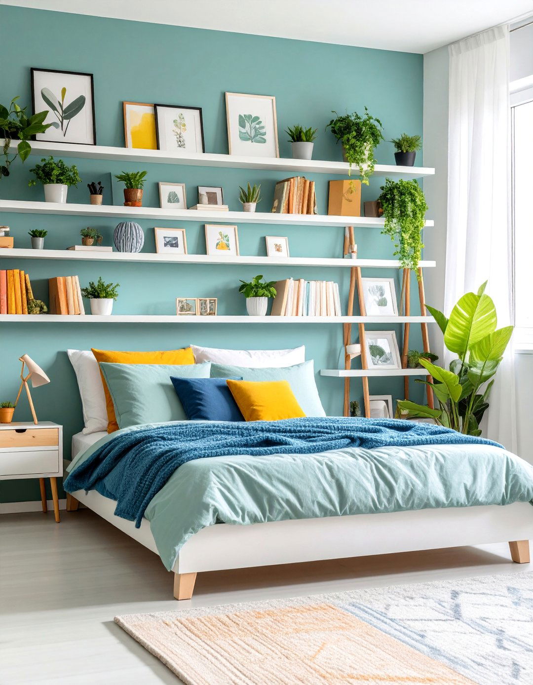 Floating Gallery Shelves with Curated Art Display - 25 No Headboard Ideas