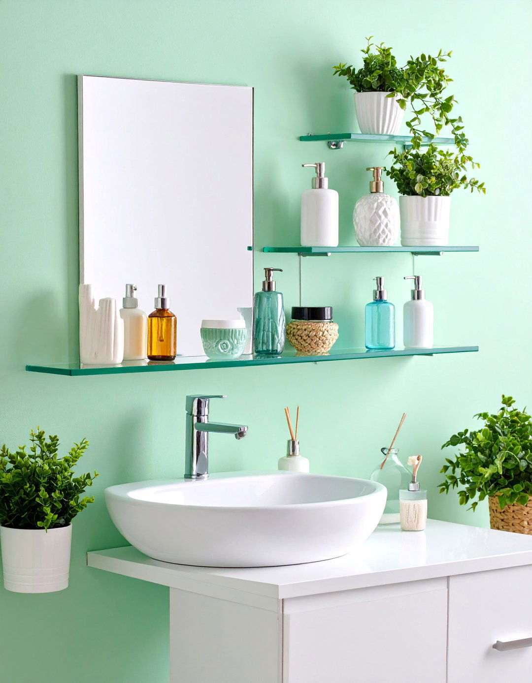 Floating Glass Shelves Above Sink - 25 Pedestal Sink Storage Ideas
