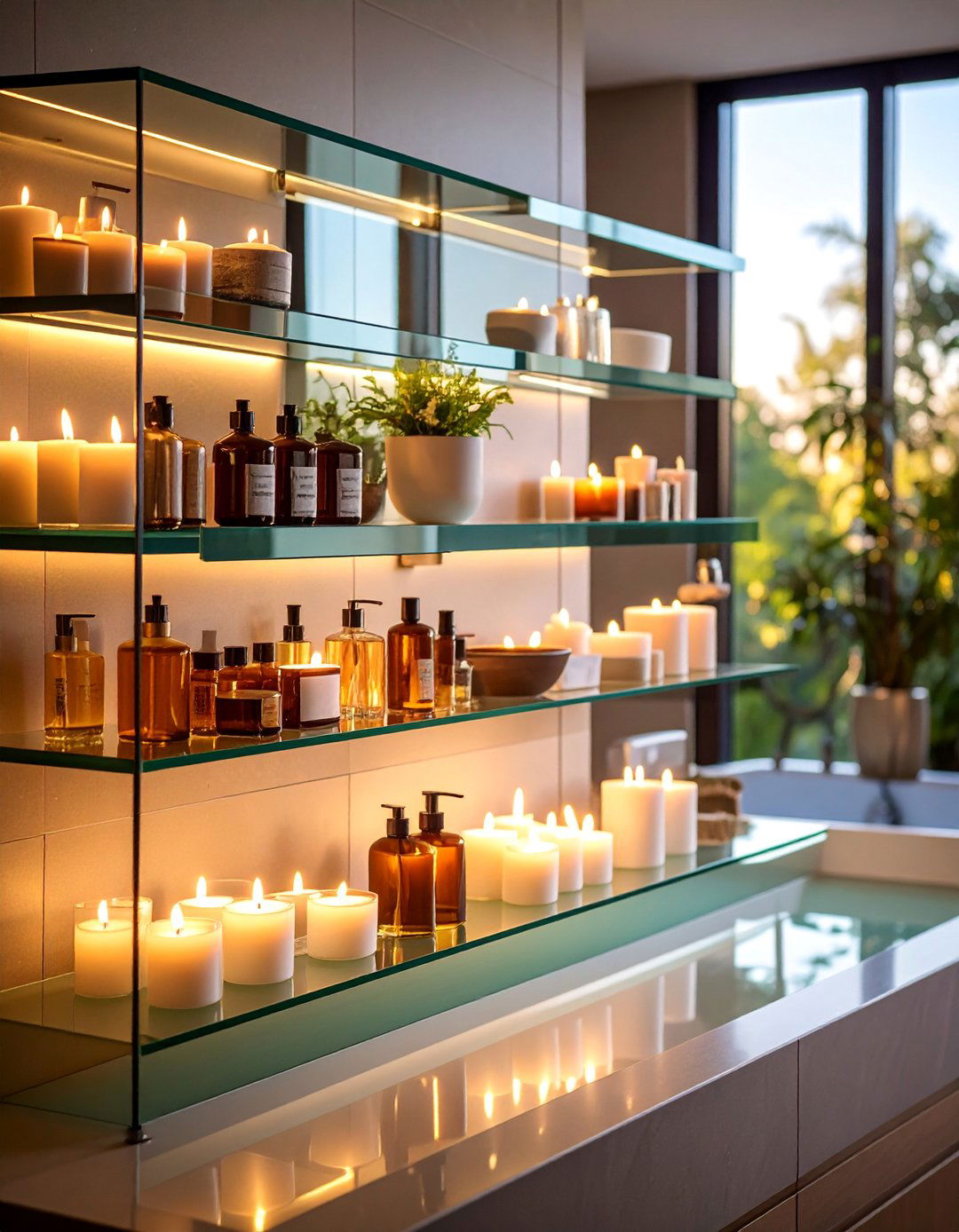 Floating Glass Shelves with LED Backlighting - 25 Bathroom Wall Storage Ideas