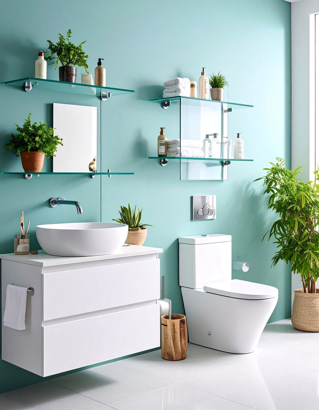 Floating Glass Shelves with Modern Minimalism - 25 Over Toilet Storage Ideas
