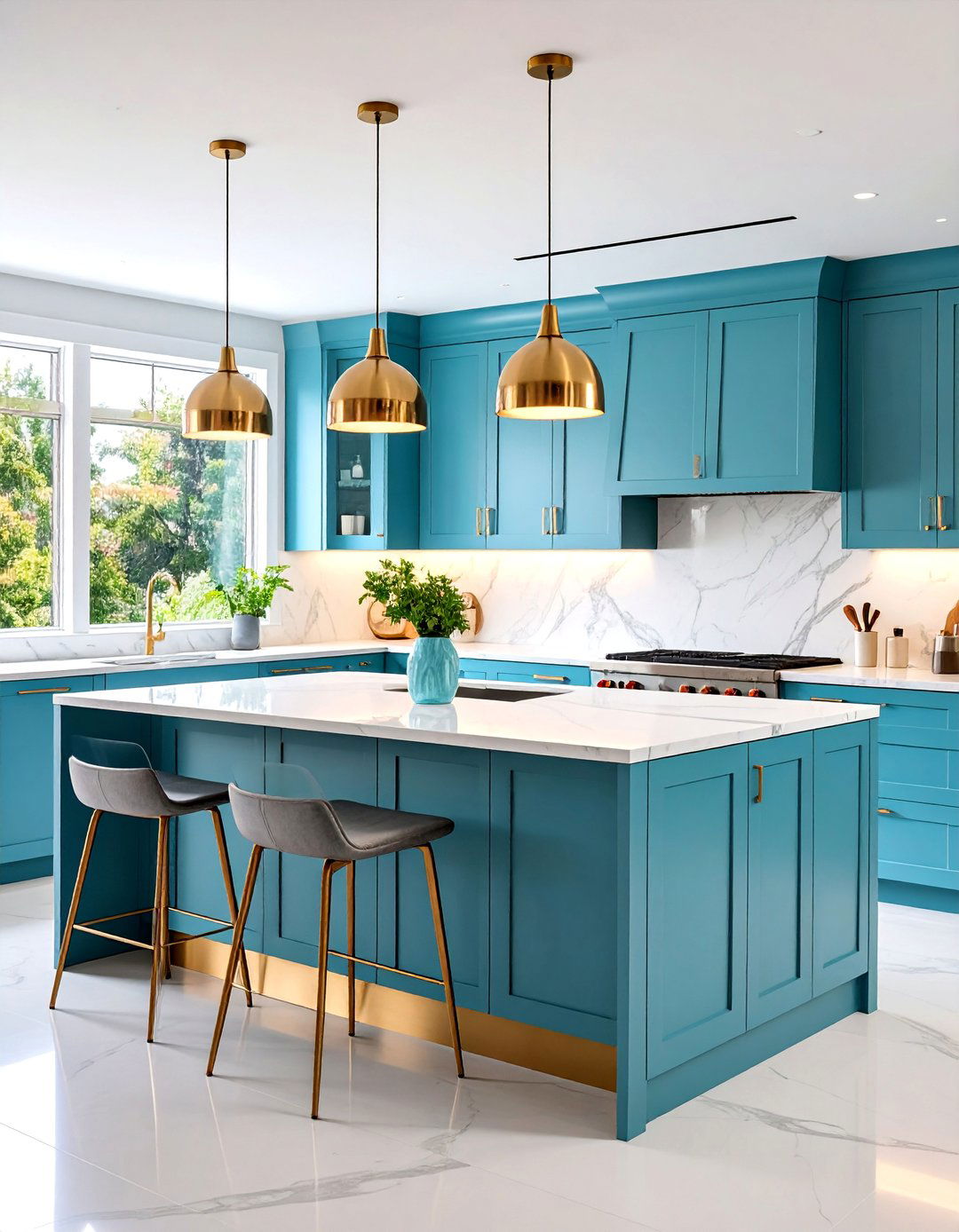 Floating Island Kitchen with Waterfall Countertops - 25 Minimalist Kitchen Ideas