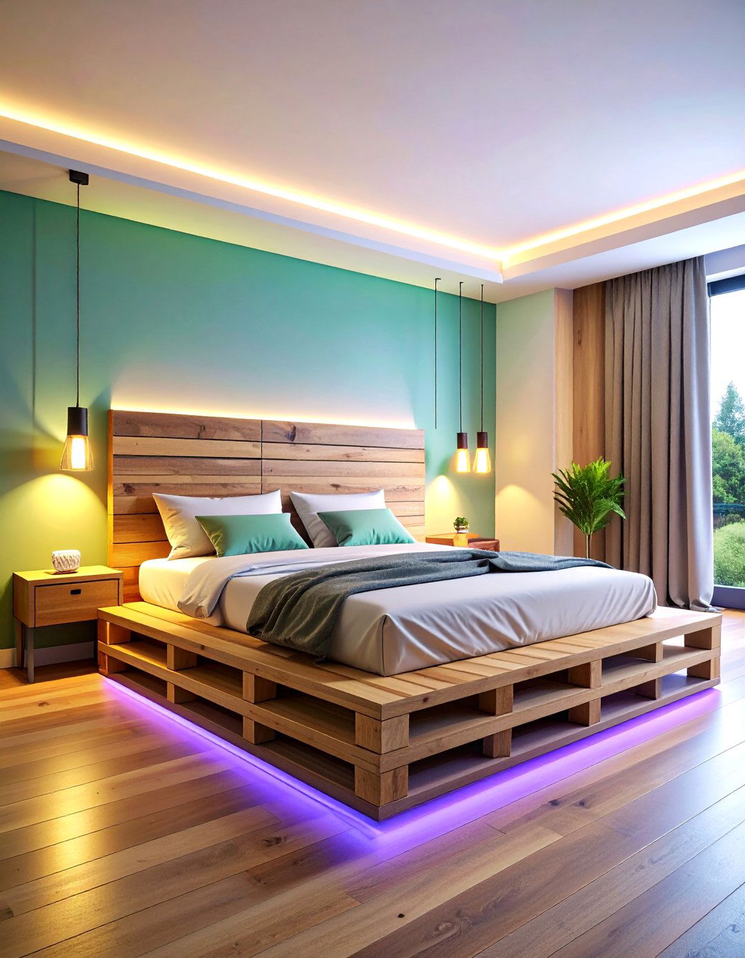 Floating Pallet Bed with Illuminated Headboard - 25 Pallet Furniture Ideas