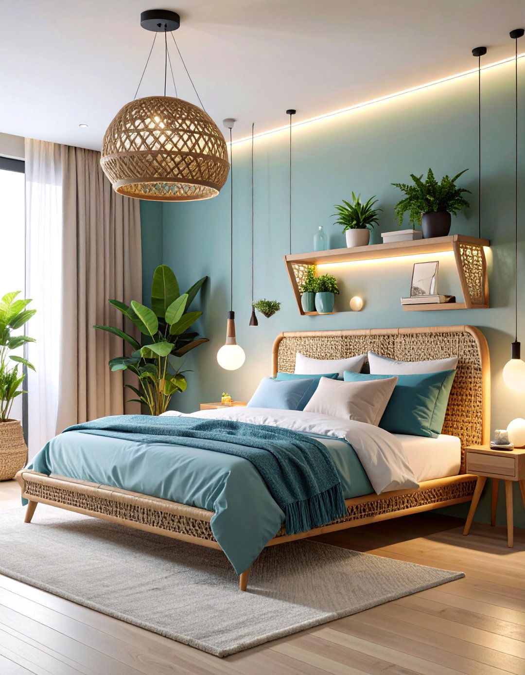 Floating Rattan Shelving with Integrated Lighting - 25 rattan bedroom furniture ideas