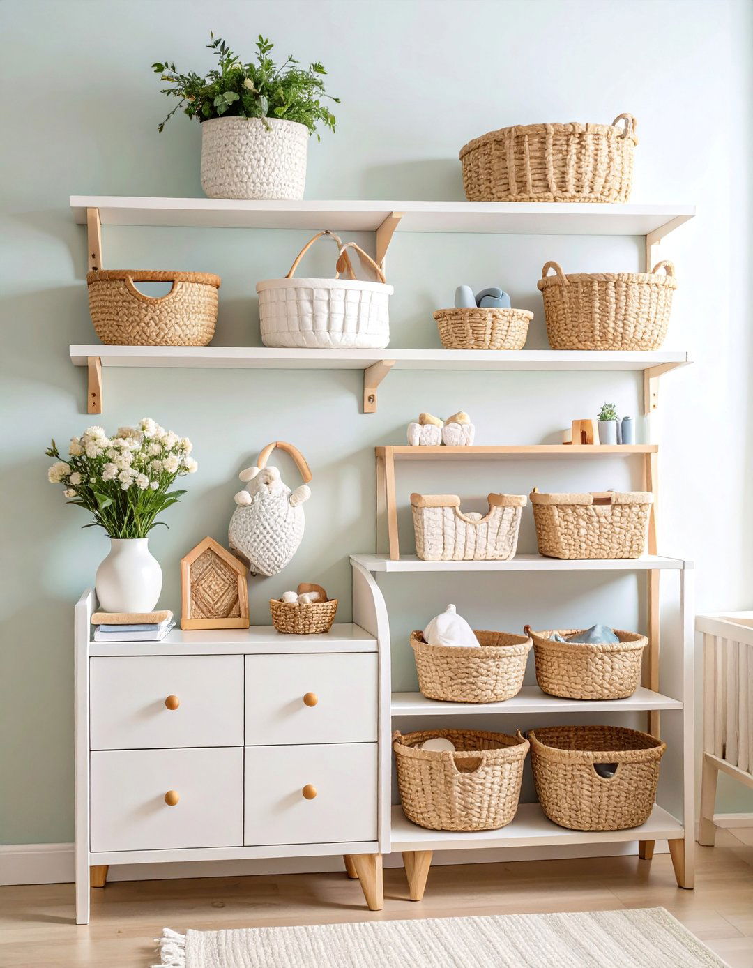 Floating Shelf System with Coordinated Storage Baskets - 25 Nursery Storage Ideas