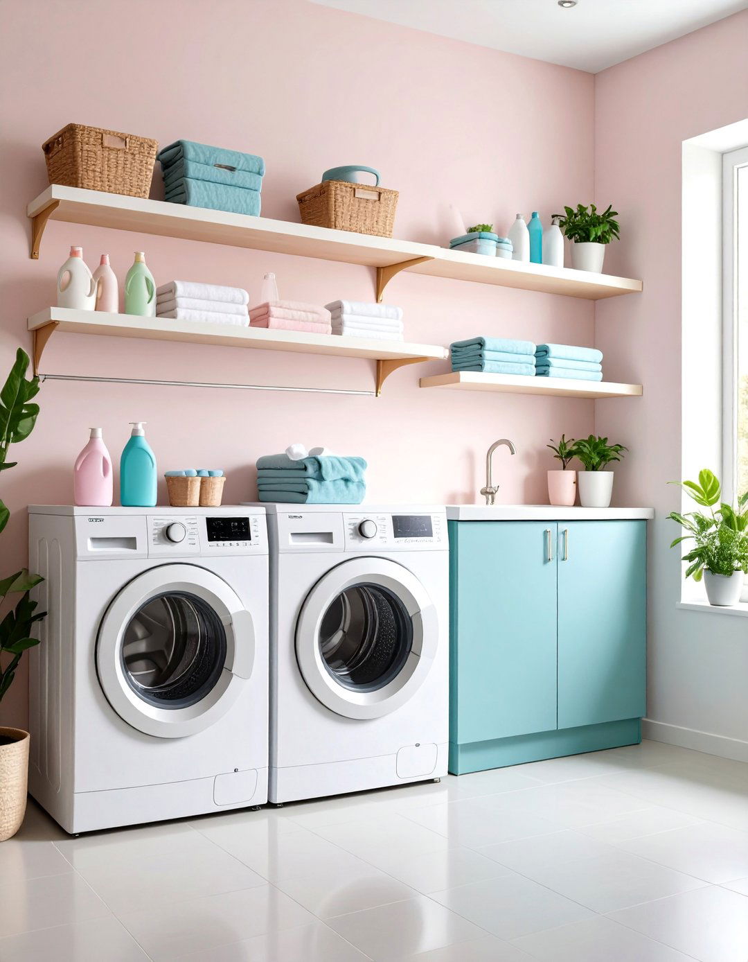 Floating Shelves Above Washer and Dryer with Hanging Rod - 25 Laundry Room Storage Ideas