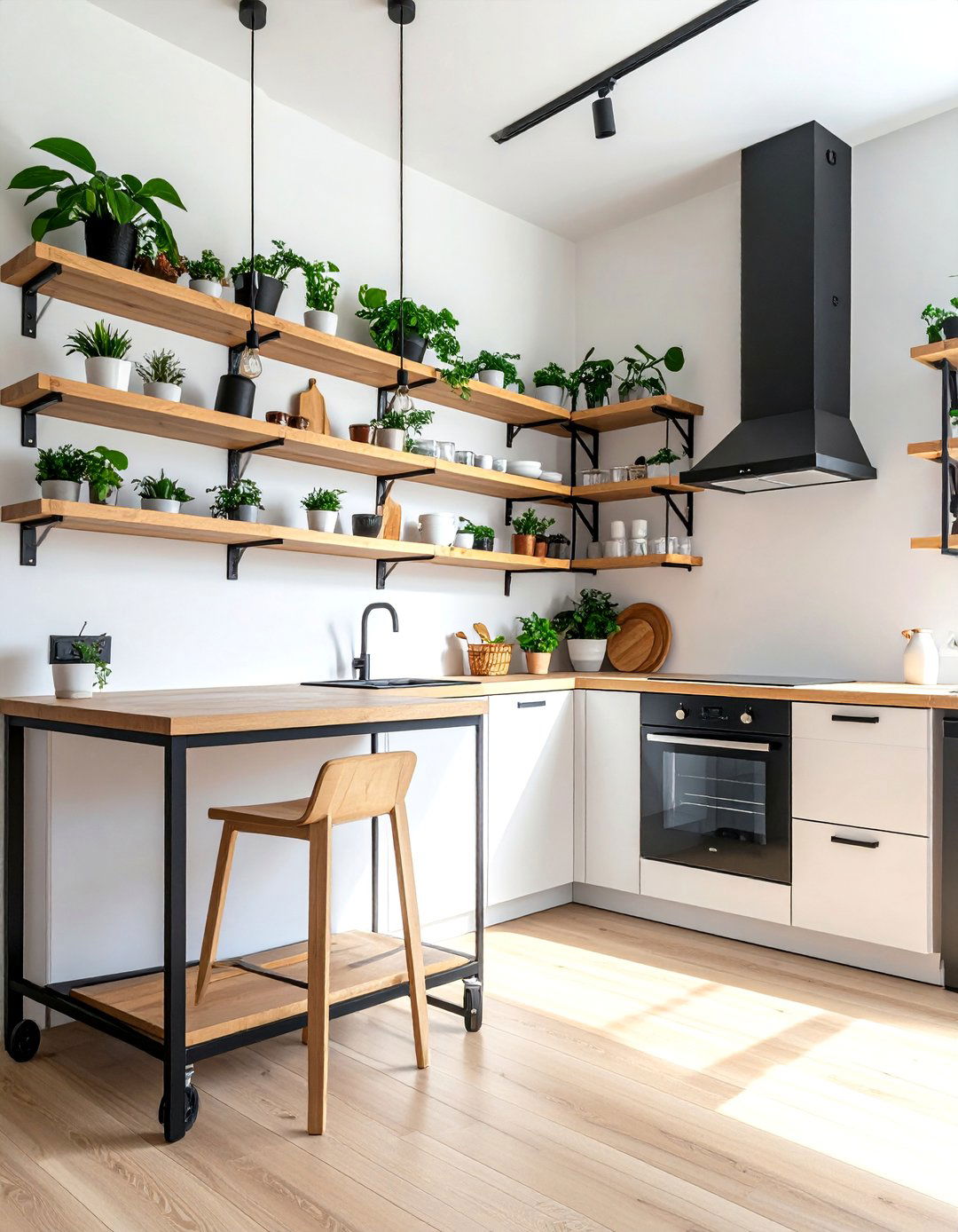 Floating Shelves and Open Concept Storage Solutions - 25 Small Kitchen with Black Appliances Ideas