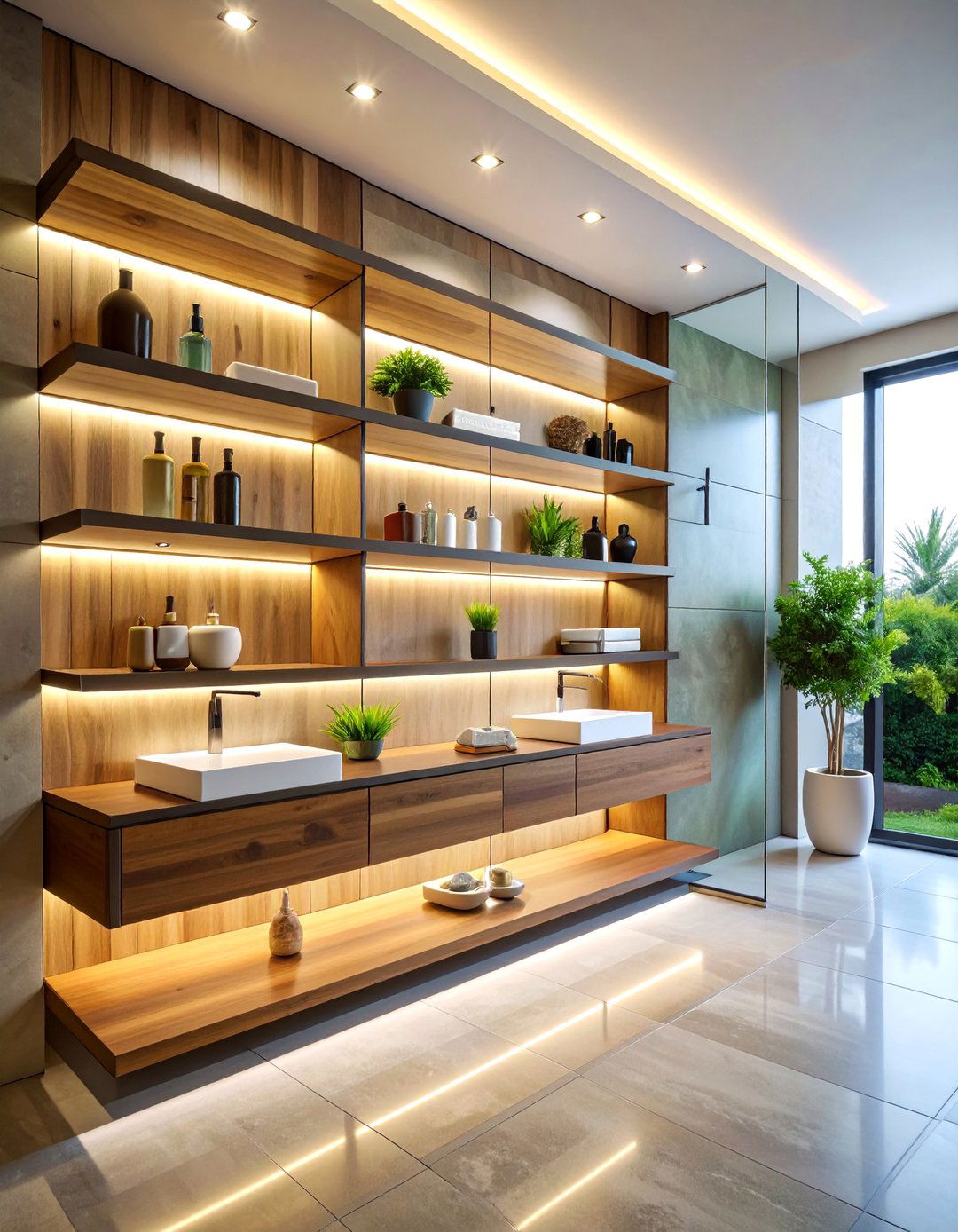 Floating Shelves with Integrated Lighting - 25 Bathroom Furniture Ideas