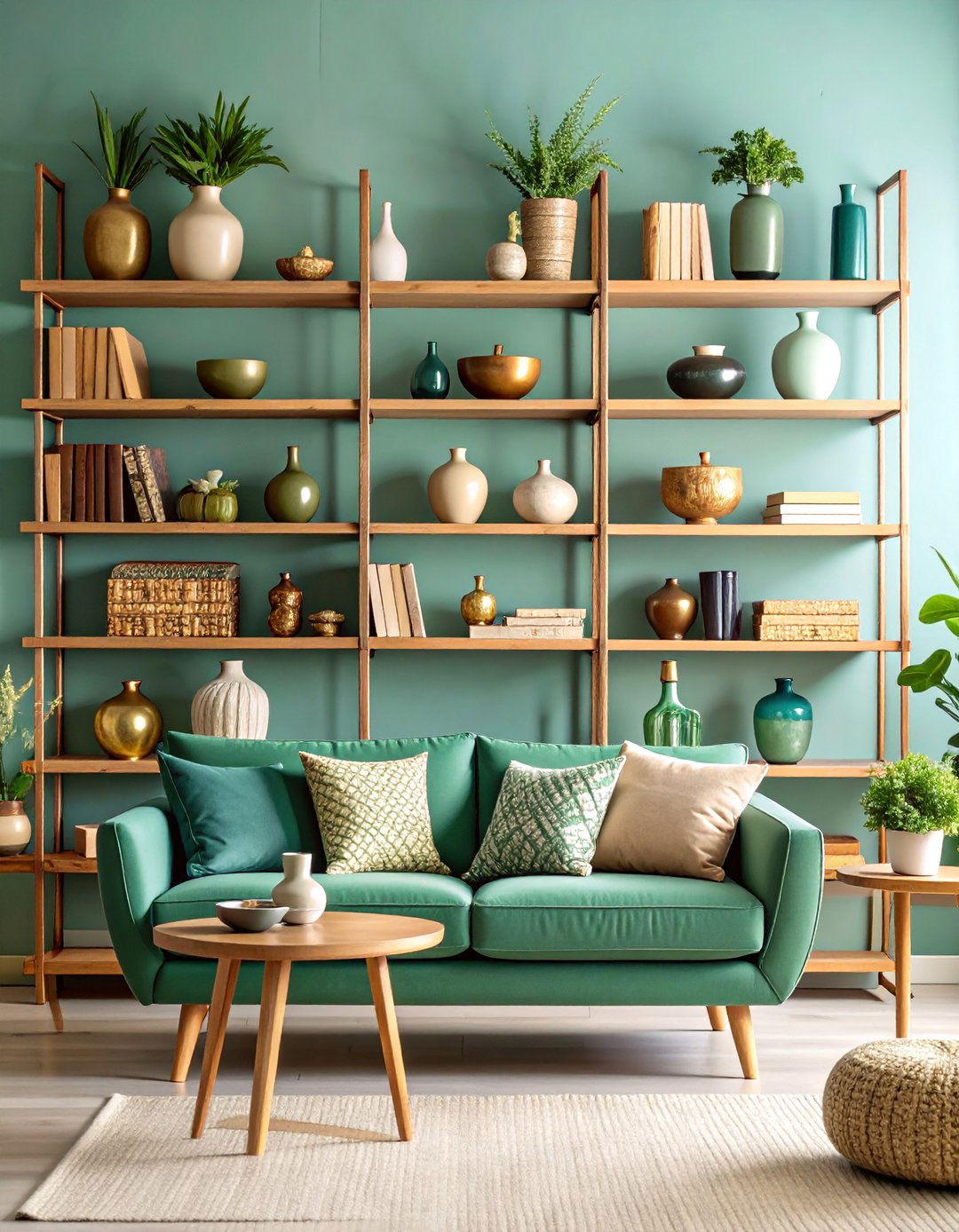 Floating Shelves with Sage Green Decor - 25 Rustic Sage Green Living Room Ideas