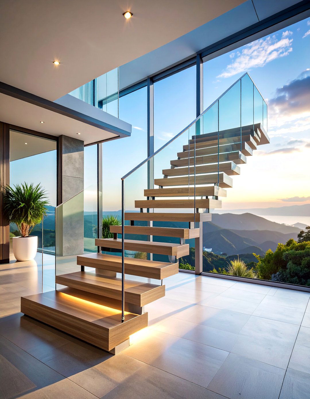 Floating Stair Landing with Glass Railings - 25 Stair Landing Ideas