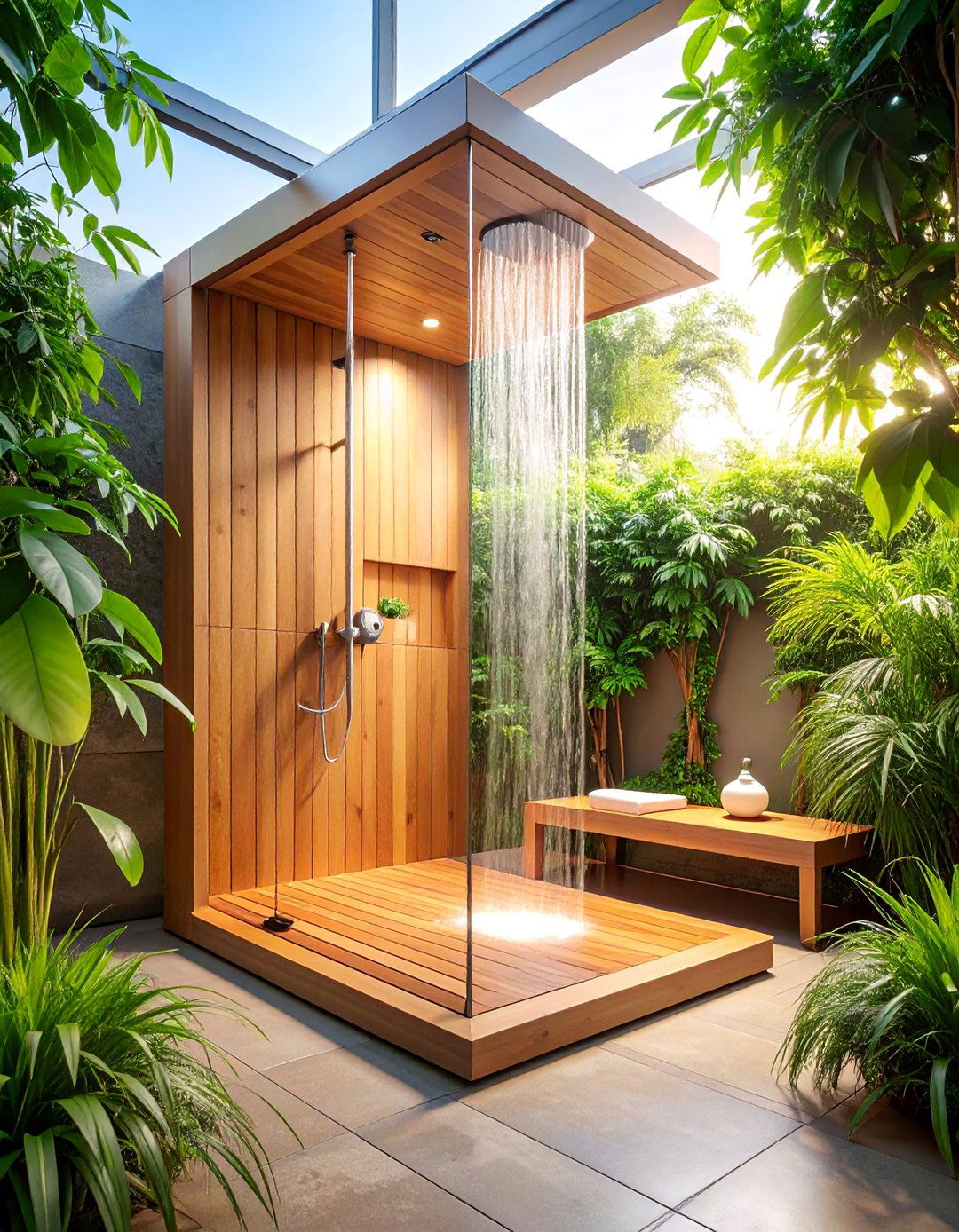 Floating Teak Bench Shower with Storage - 25 Luxury Shower Ideas