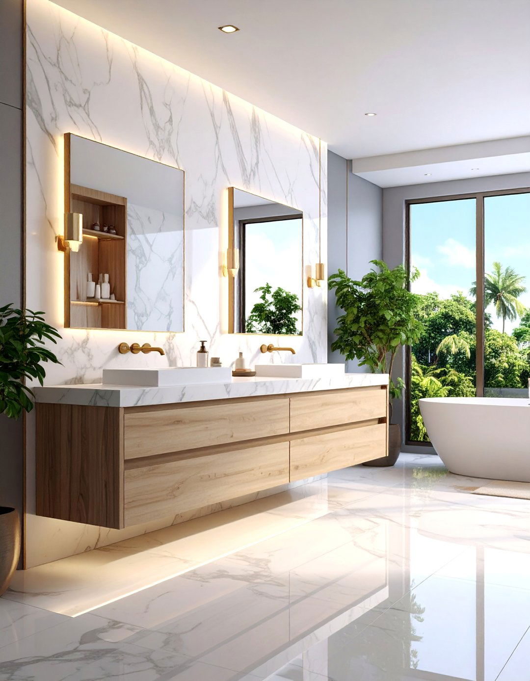 Floating Vanity with Floor to Ceiling Marble Backsplash Integration - 25 Floating Vanity Bathroom Ideas