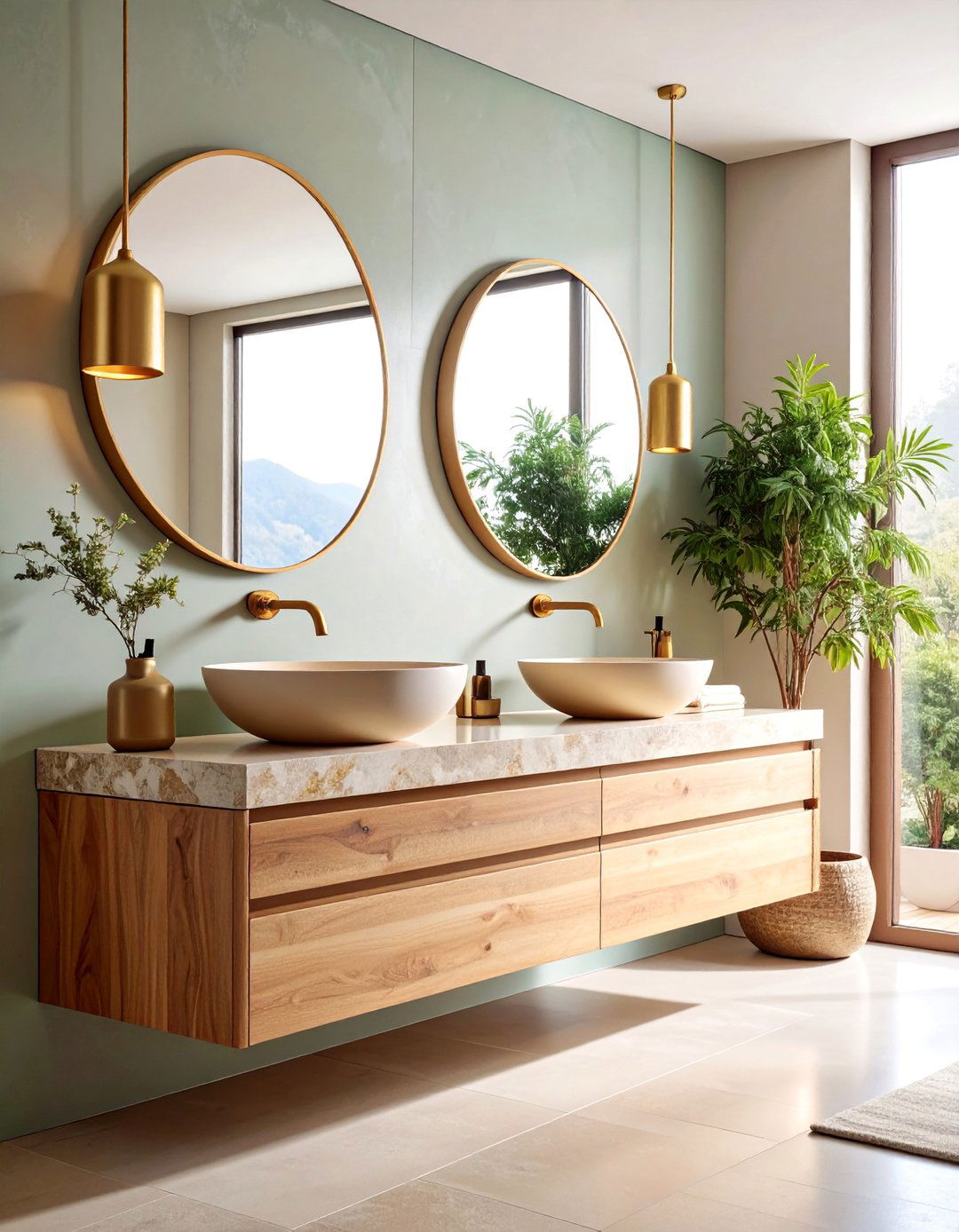 Floating Vanity with Natural Stone Accents - 25 Japandi Bathroom Ideas