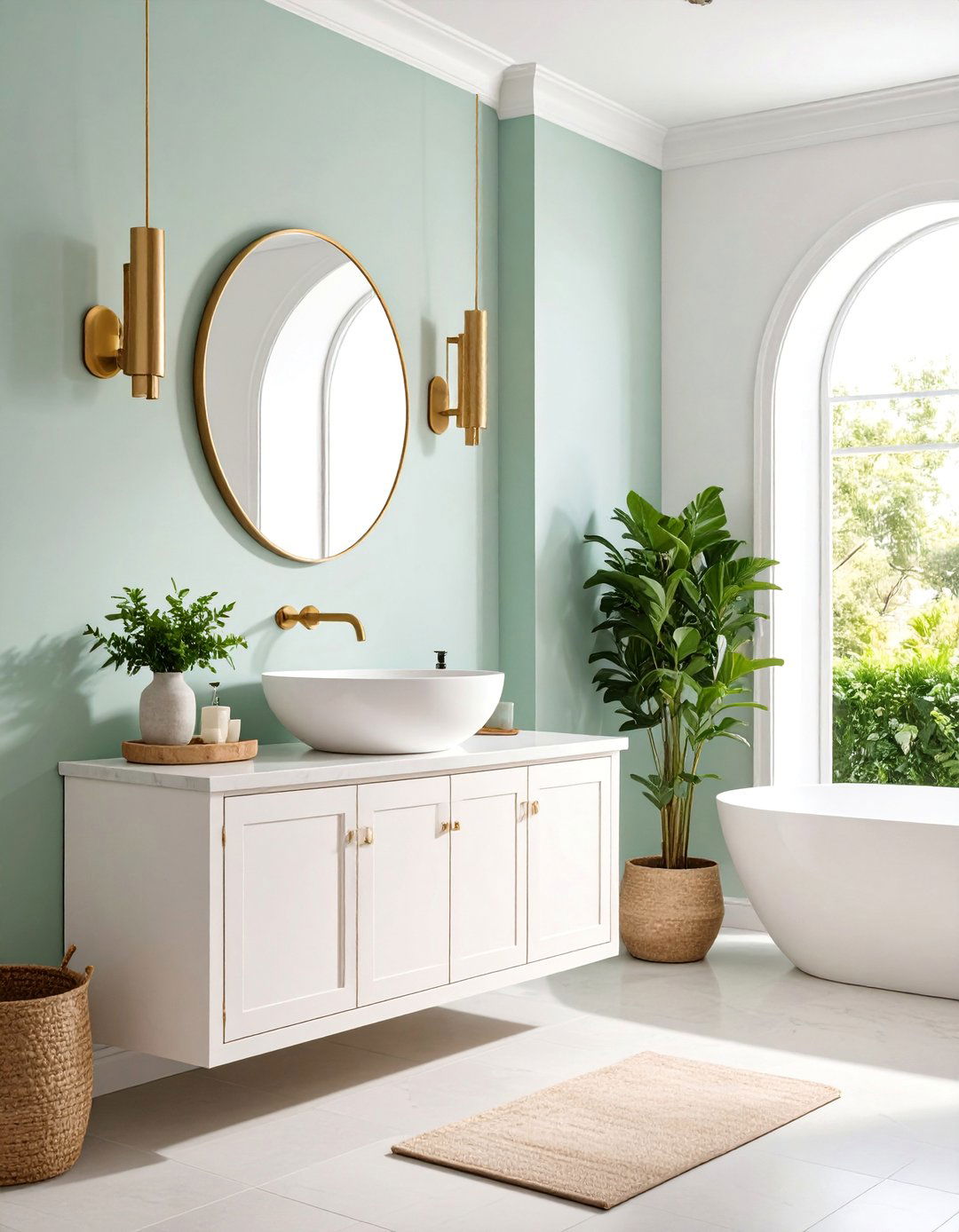 Floating Vanity with White Vessel Sink and Wall Mounted Faucets - 25 Floating Vanity Bathroom Ideas