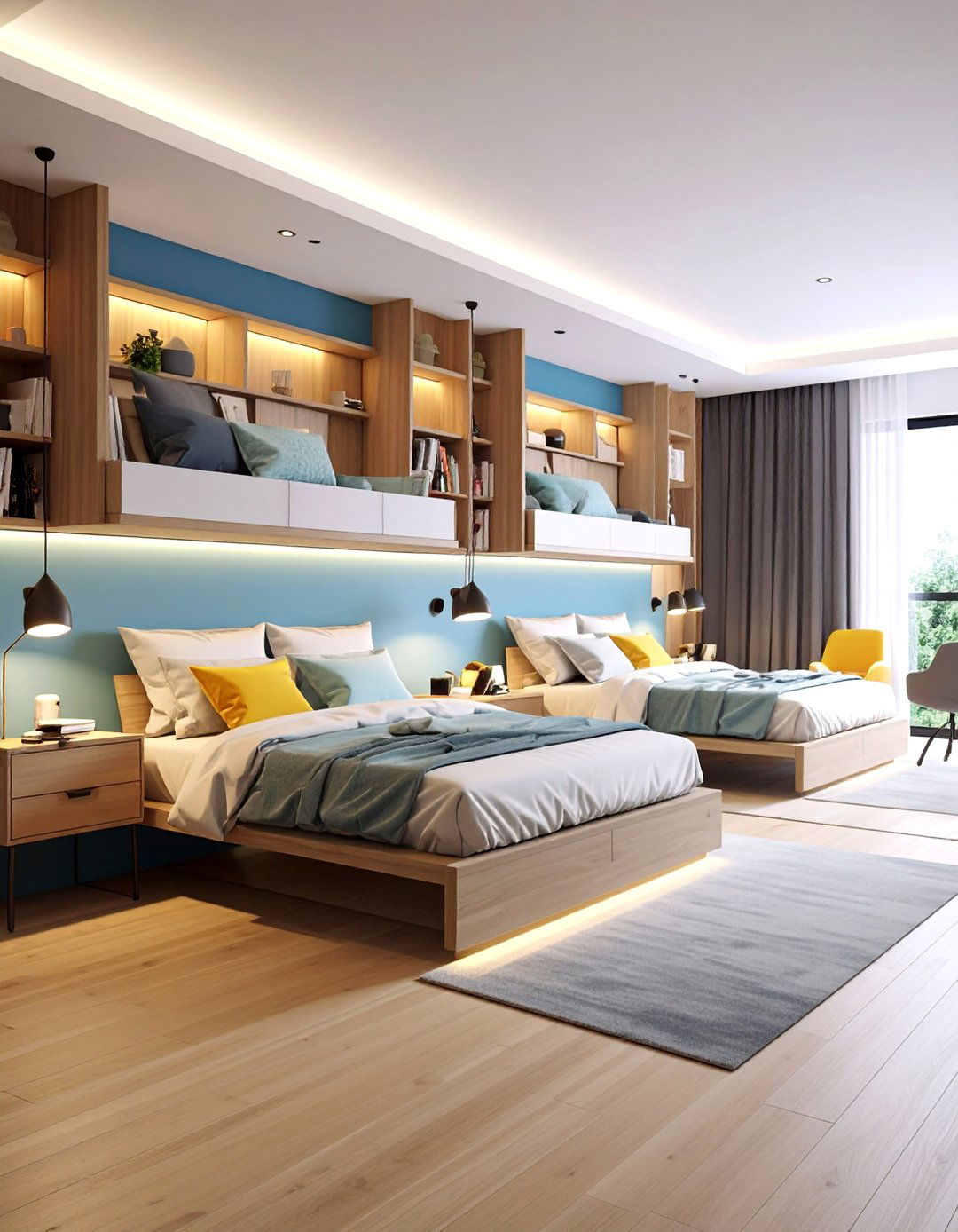 Floating Wall Mounted Beds with Underneath Workspace - 25 2 Beds in One Small Room Ideas