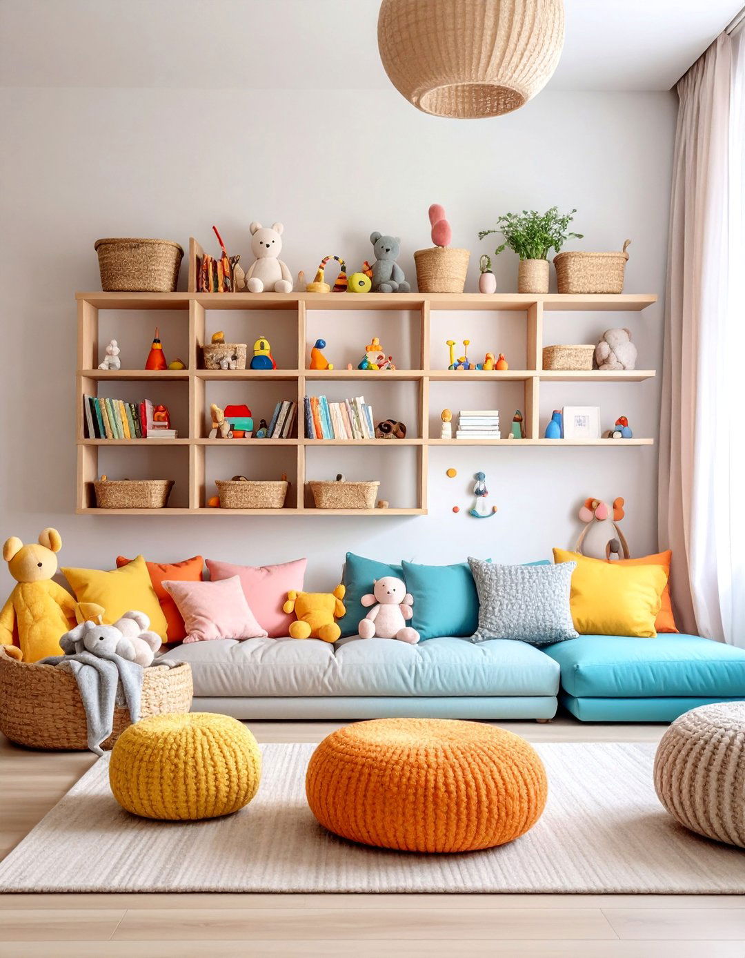Floating Wall Shelves with Basket Storage - 25 Living Room Toy Storage Ideas