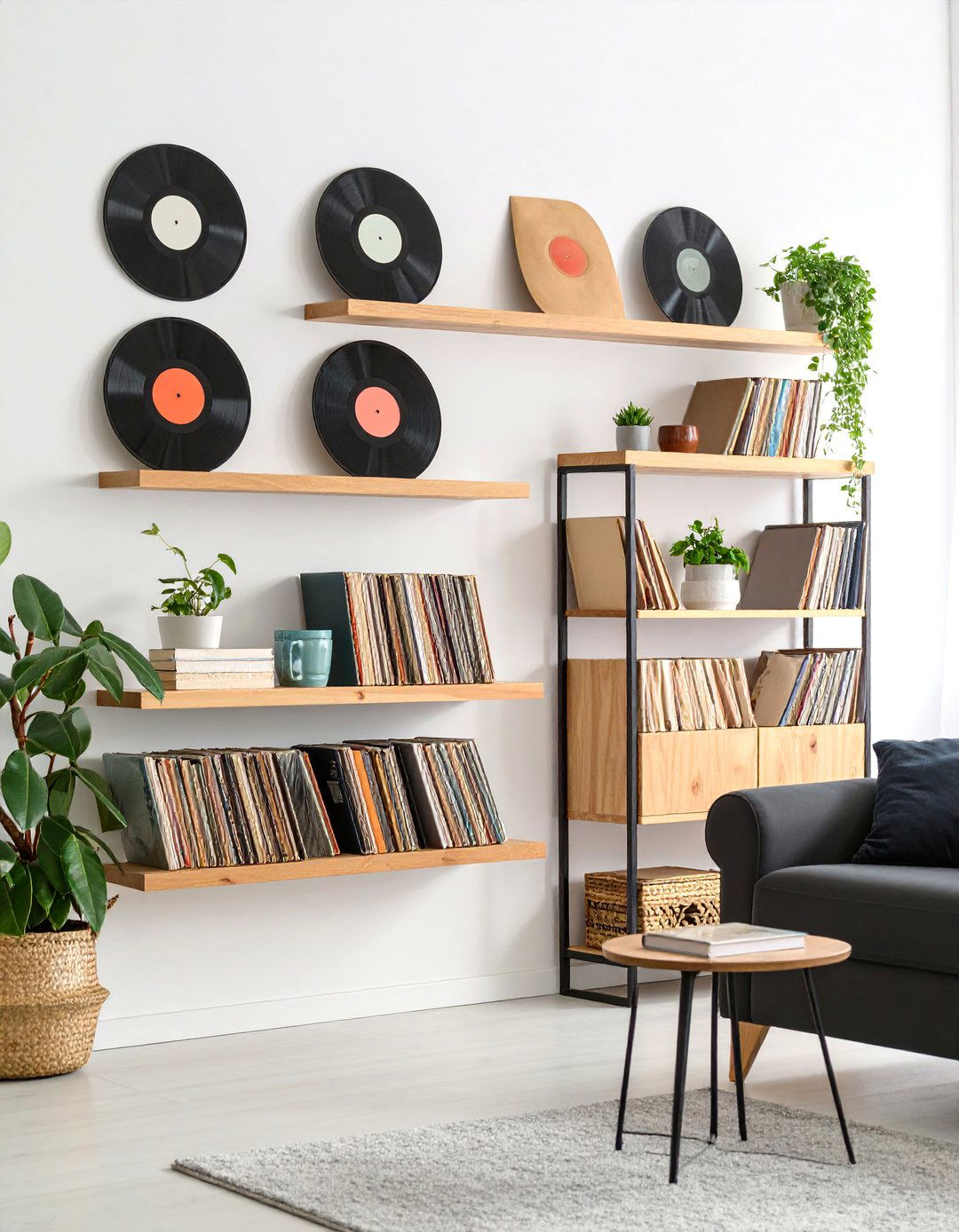 Floating Wall Shelves with Gallery Display - 25 Vinyl Record Storage Ideas