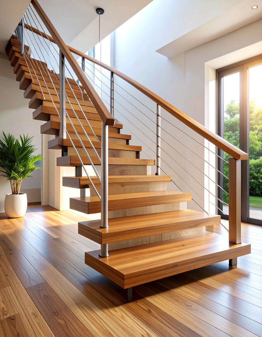 Floating Walnut Staircase with Cable Railing System - 25 Staircase Ideas