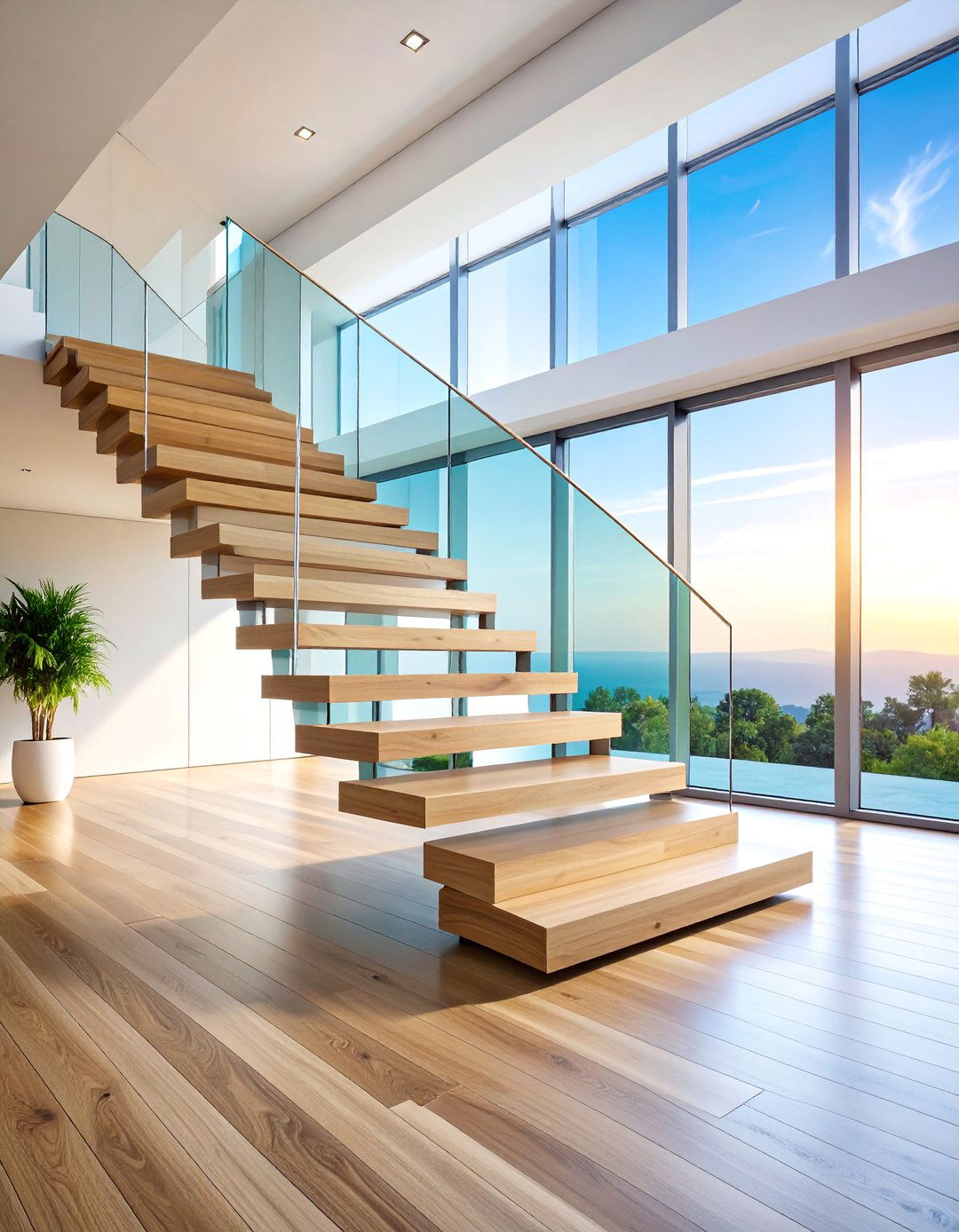 Floating White Oak Staircase with Glass Railing - 25 White Oak Staircase Ideas