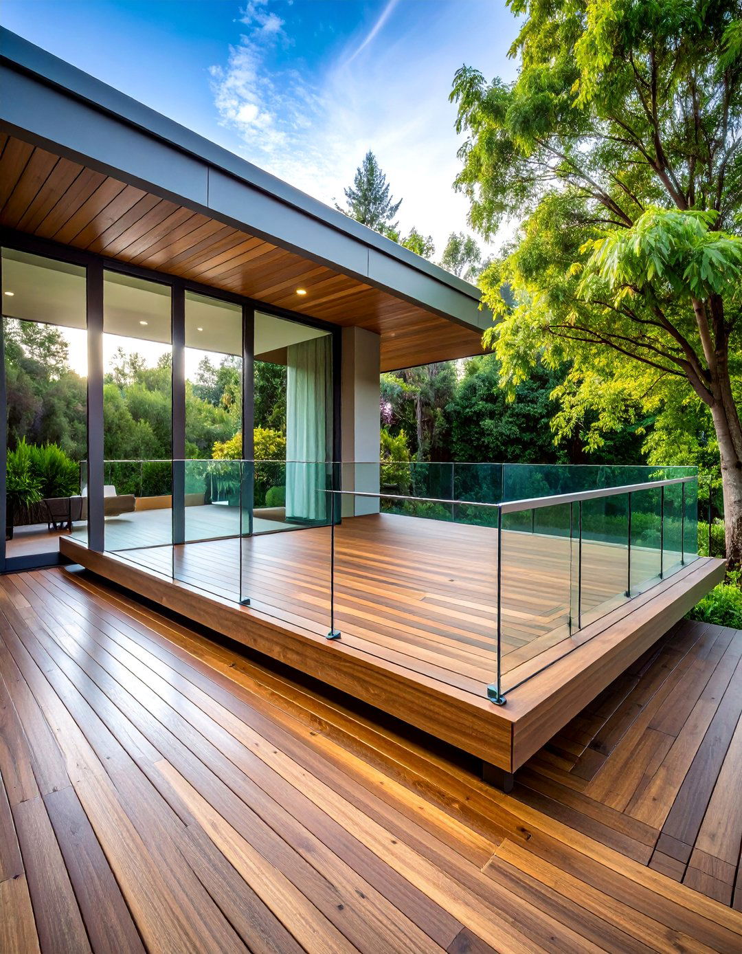 Floating Wood Deck with Glass Railing System - 25 Modern Front Porch Ideas