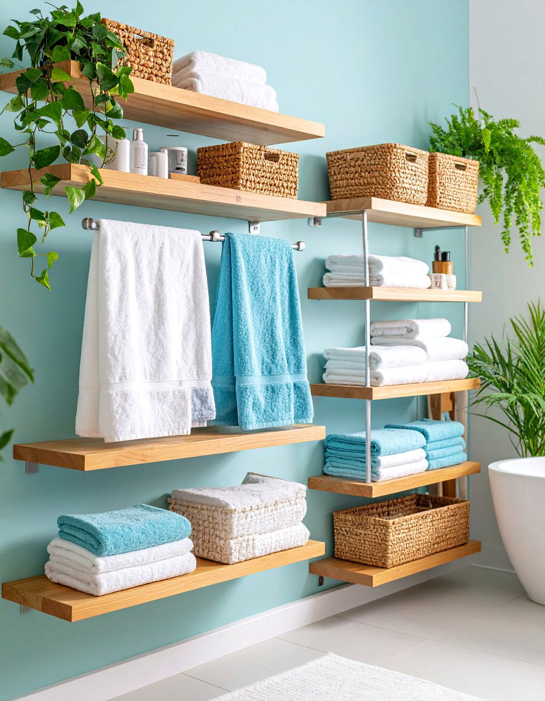 Floating Wood Shelves with Towel Bars - 25 Over Toilet Storage Ideas