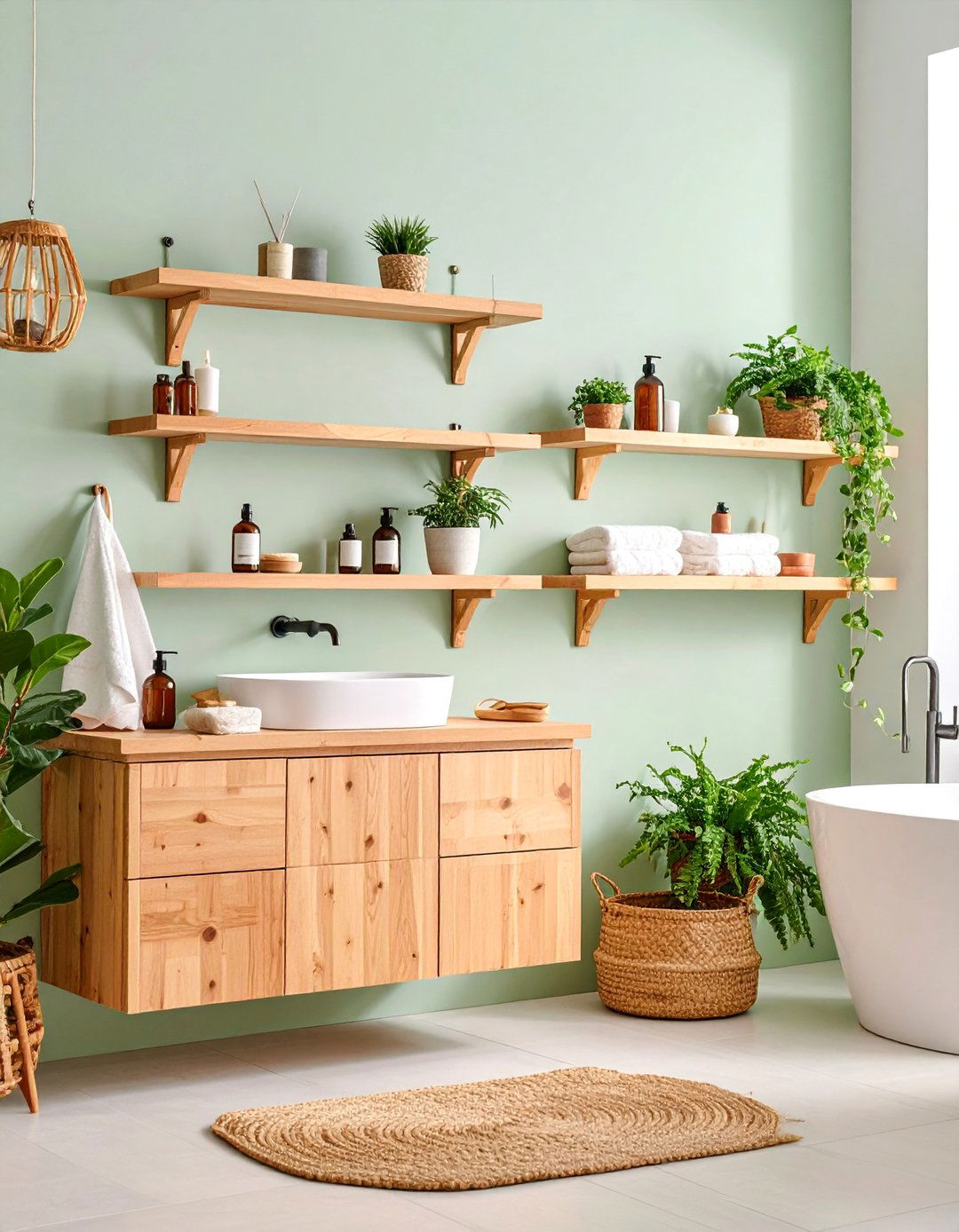 Floating Wooden Shelves with Rail Guards - 25 Toilet Paper Storage Ideas