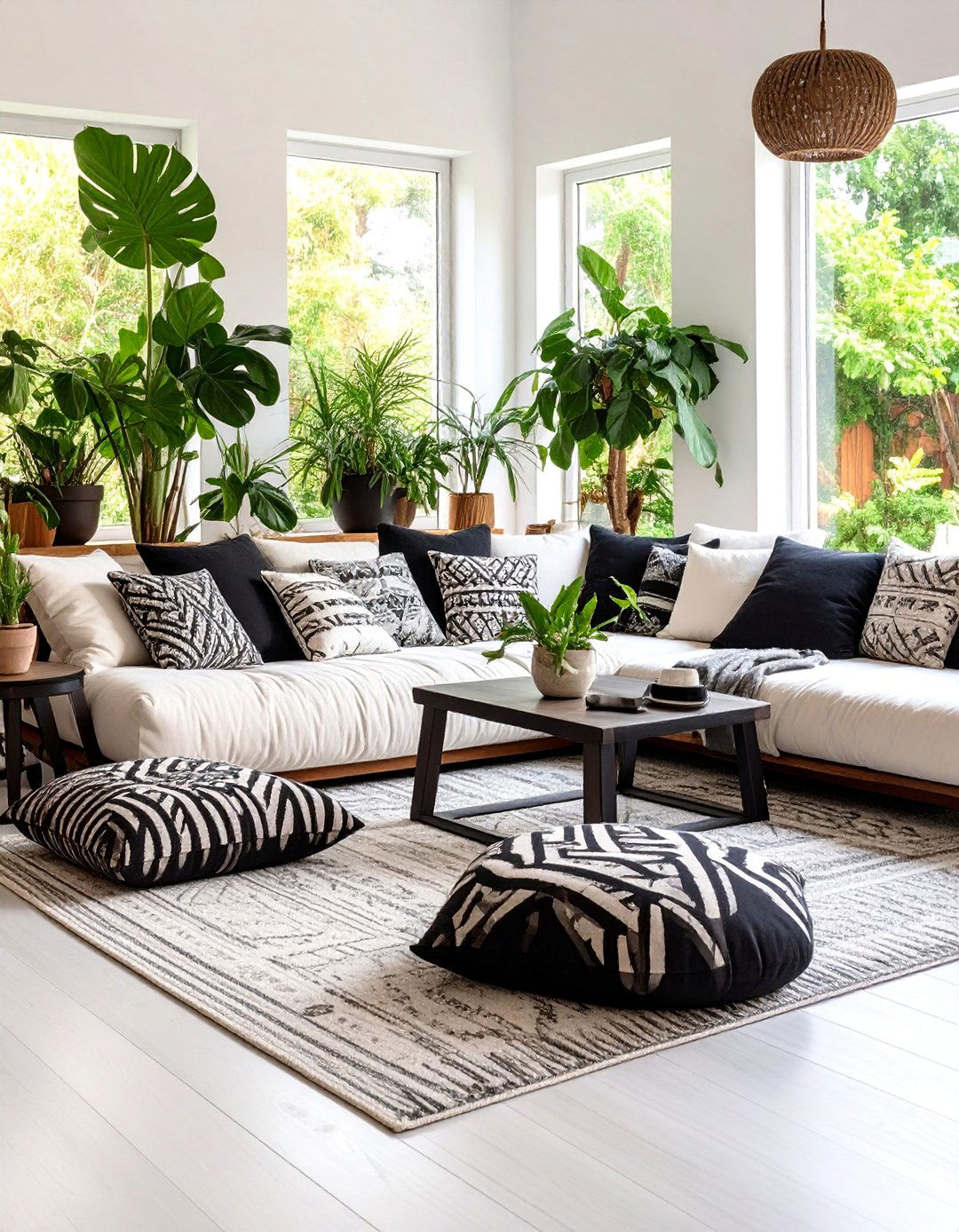 Floor Cushion Lounge with Layered Textures - 25 Black and White Boho Living Room Ideas